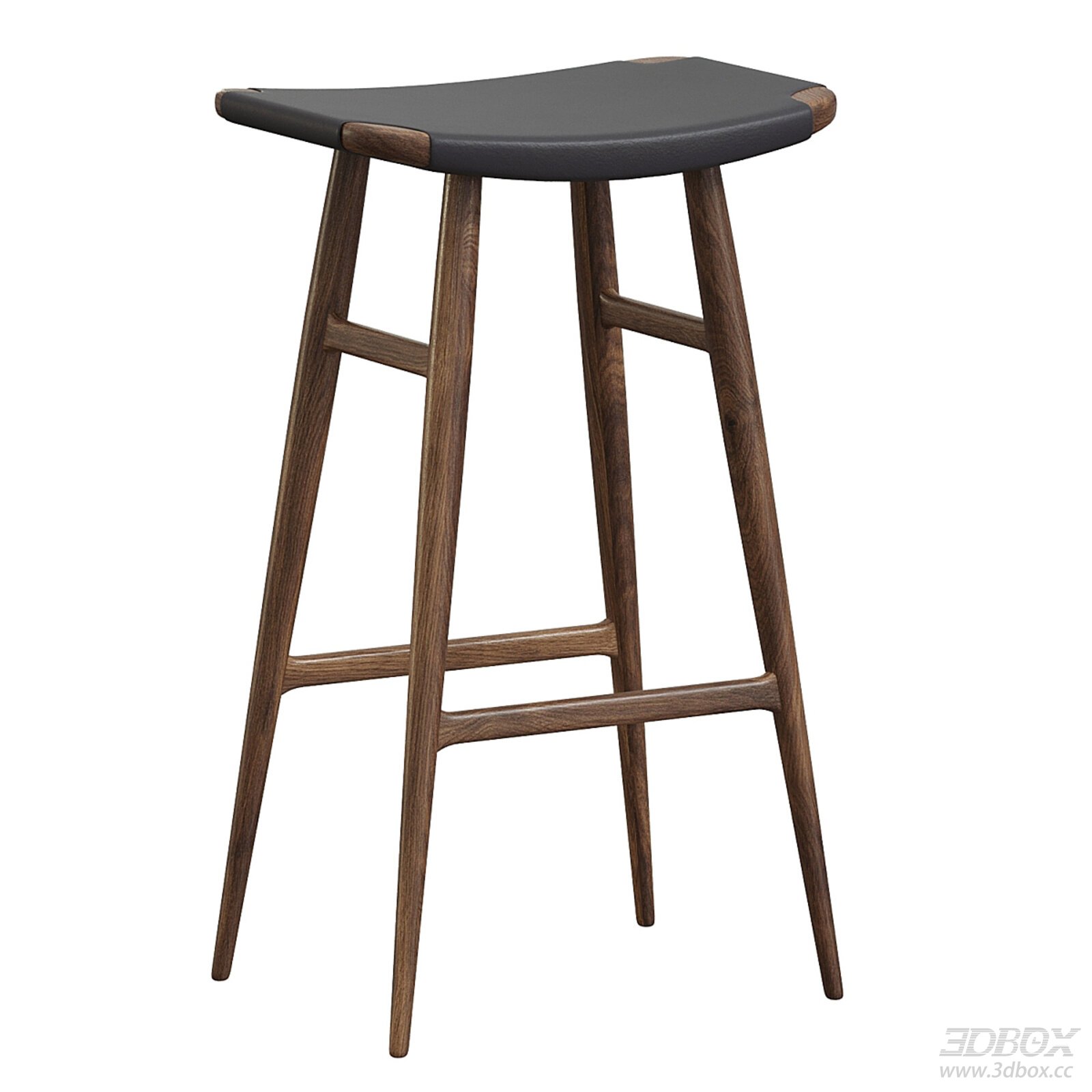 Wabi Sabi Walnut Wood Leather Bar Stool 3D model - front view