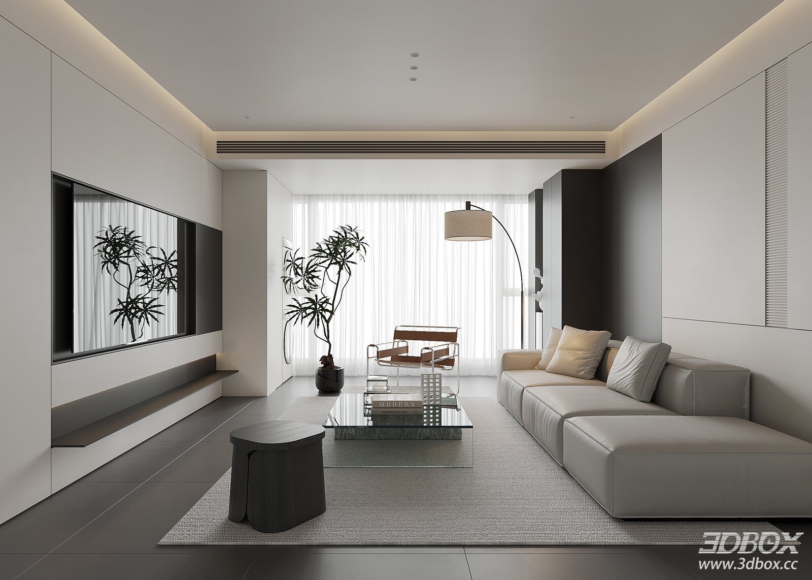 Modern Minimalist Living Room Interior Scene 3D model - front view