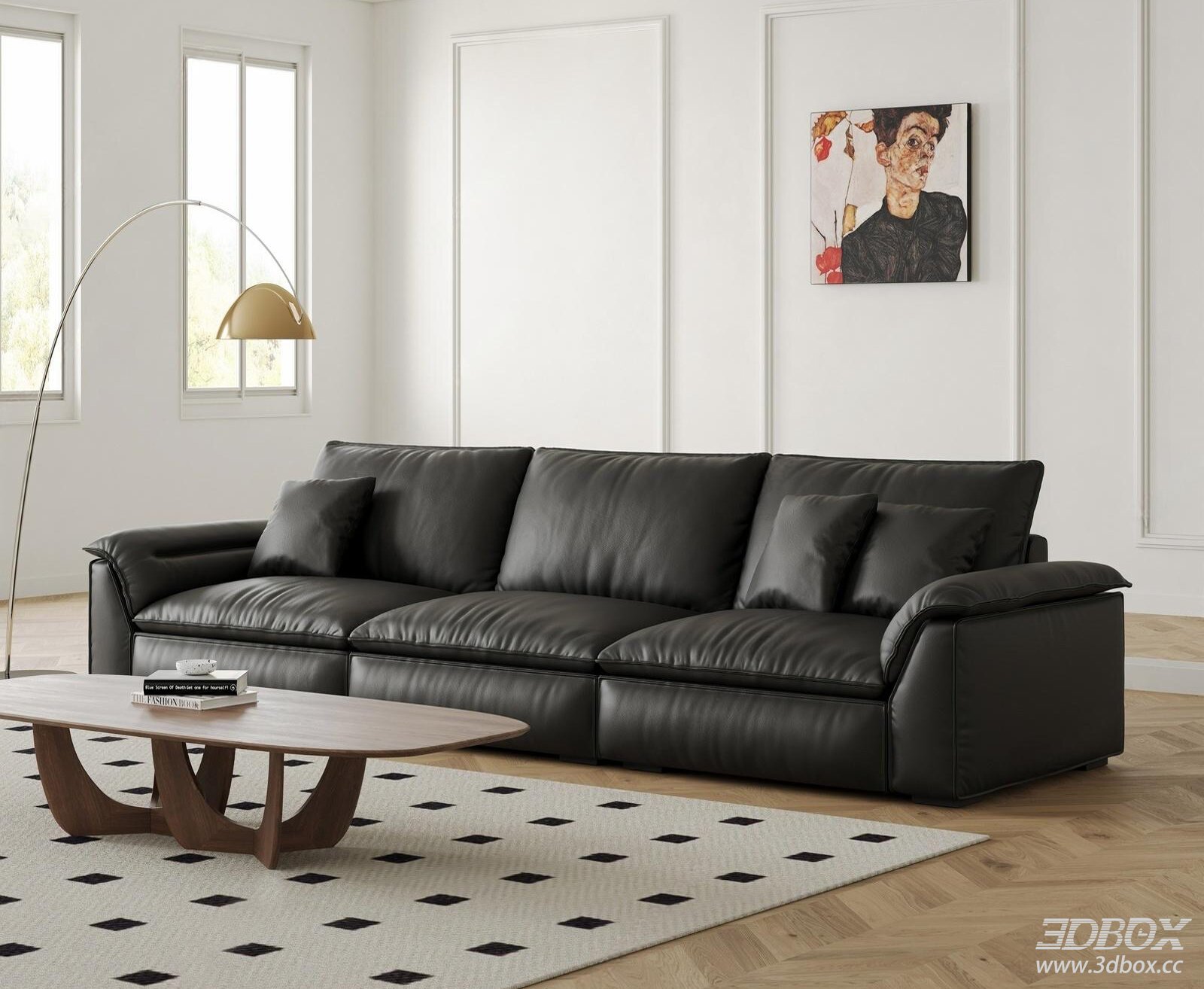 Modern Black Leather Sofa Set with Wooden Coffee Table 3D model - front view