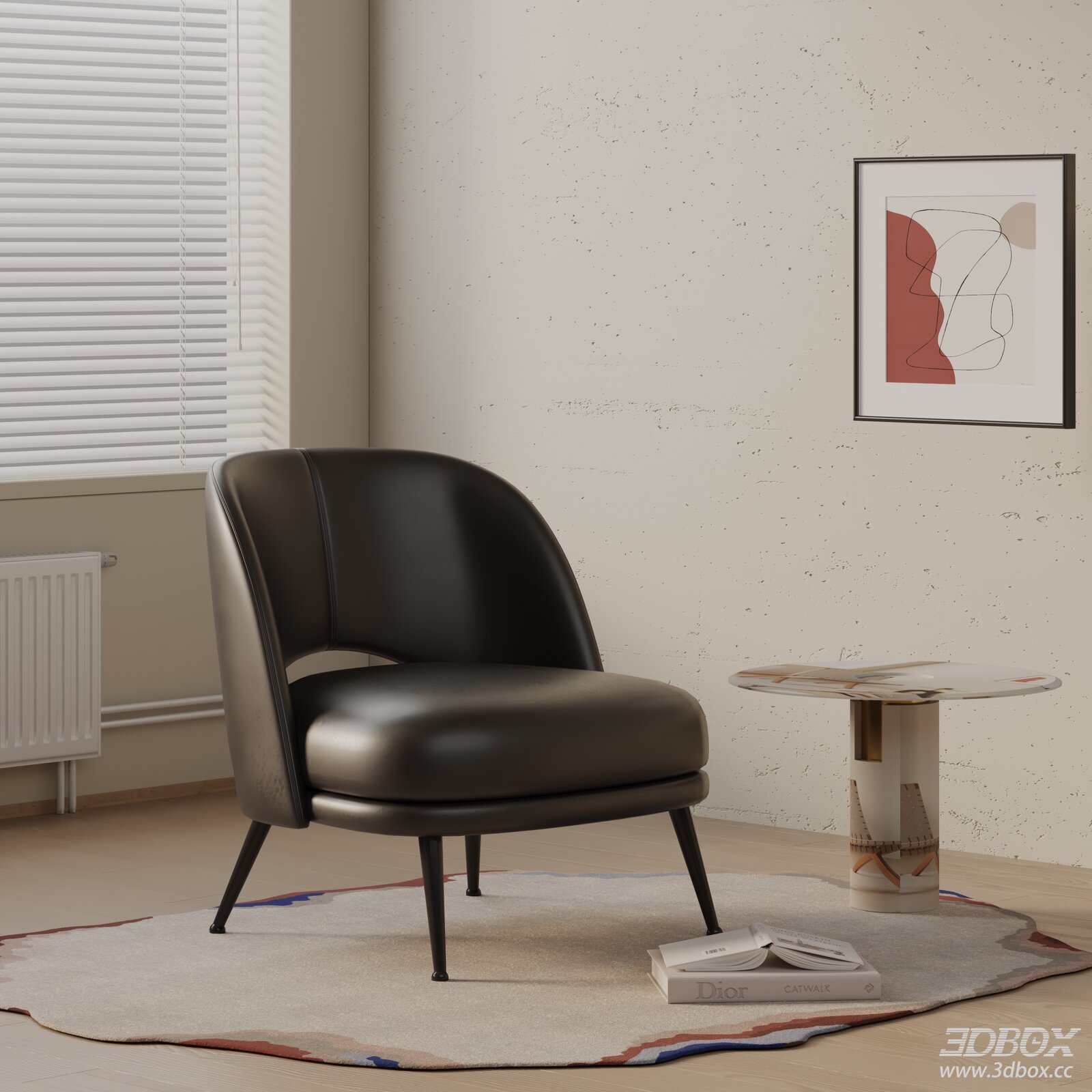 Modern Minimalist Dark Leather Armchair with Metal Legs 3D model - front view