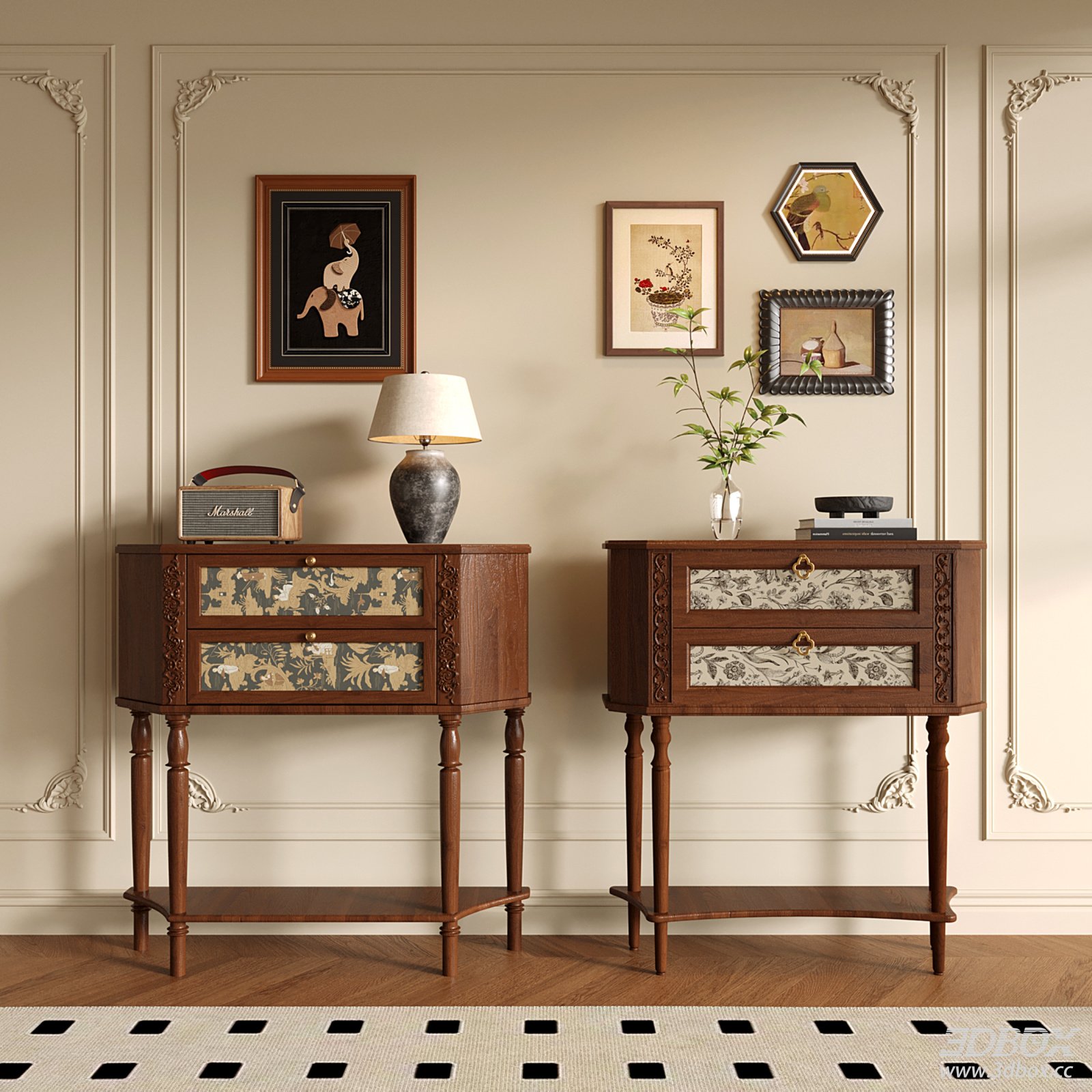 French Vintage Carved Wooden Console Table Set 3D model - front view