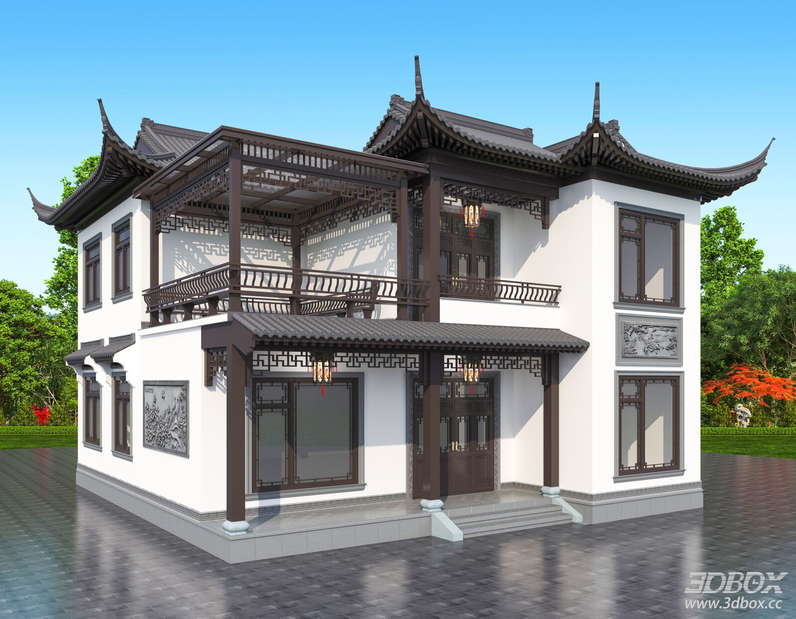 Traditional Chinese Suzhou Style Villa Exterior Building 3D model - front view