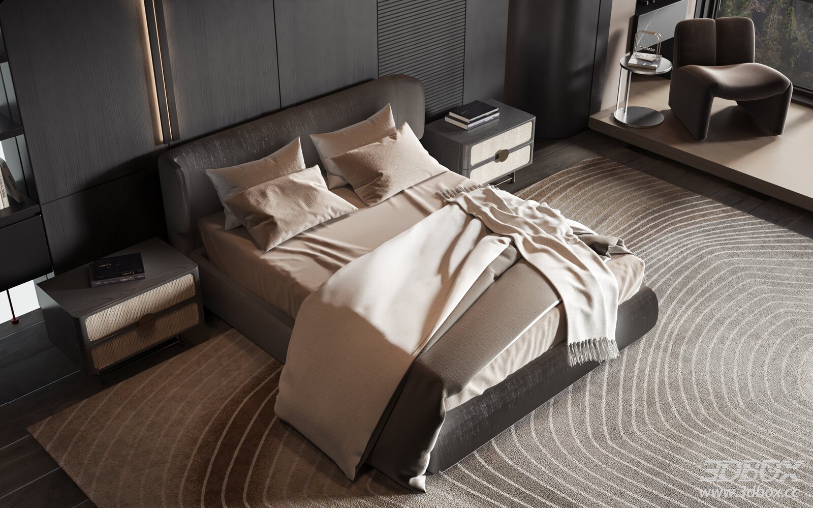 Modern Luxury Minimalist Bedroom Scene with Upholstered Bed 3D model - front view