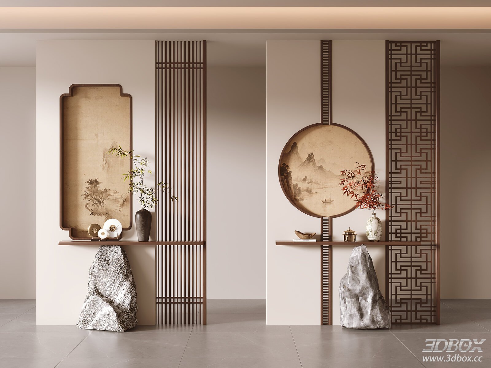 New Chinese Style Entry Partition Screen Hallway Scene 3D model - front view
