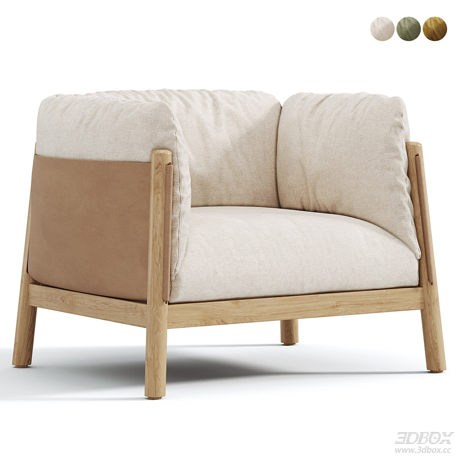 Modern Fabric Single Sofa with Wooden Frame 3D model - front view