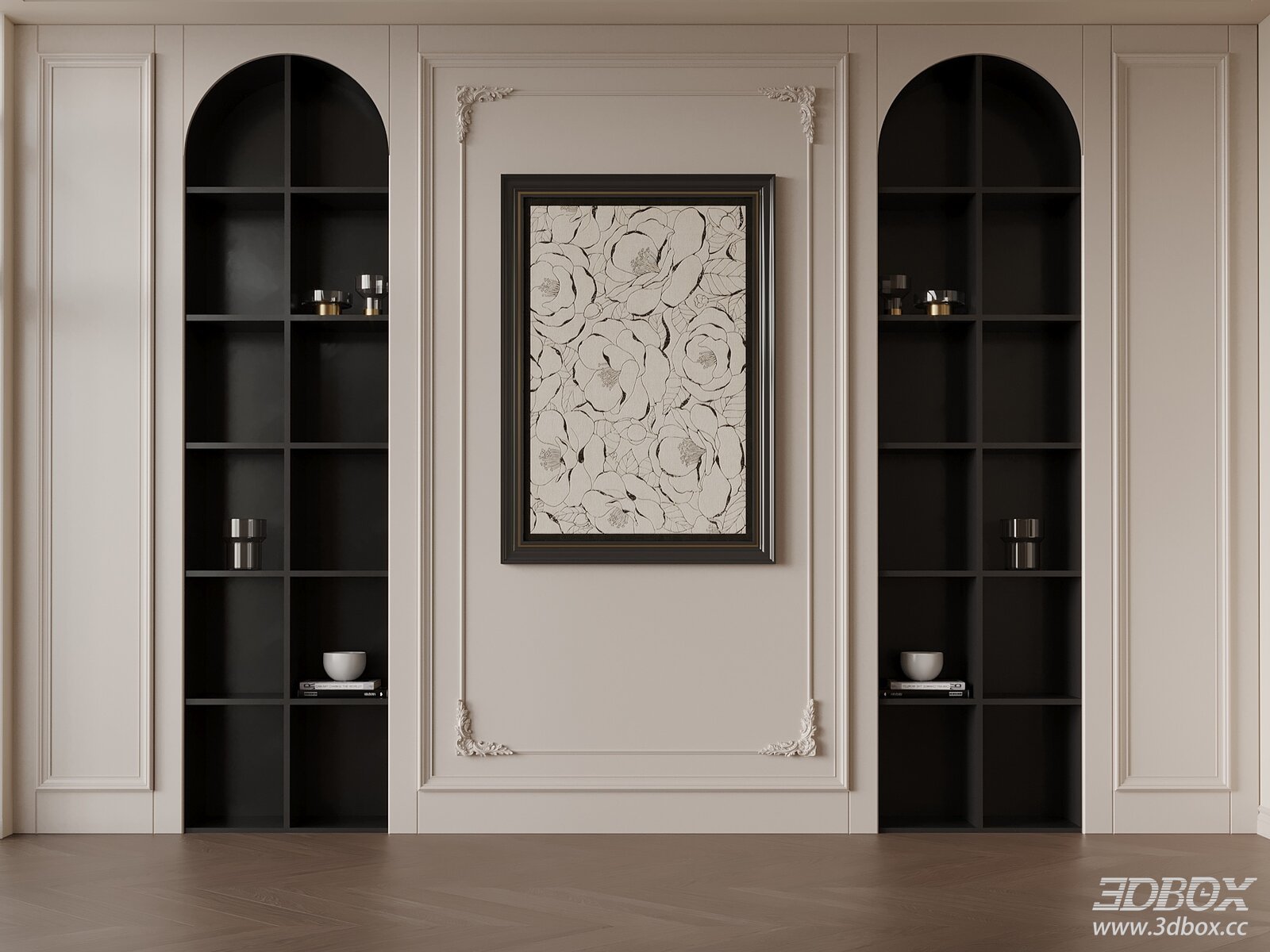 French Style Arched Display Bookshelf with Decorative Wall Panel 3D model - front view