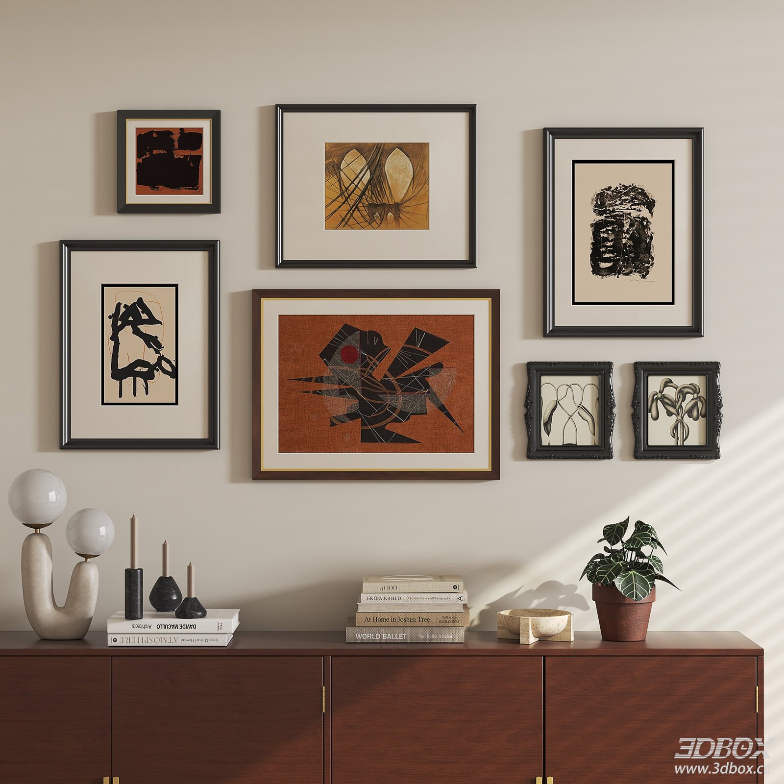 Mid Century Abstract Wall Art Frame Set 3D model - front view
