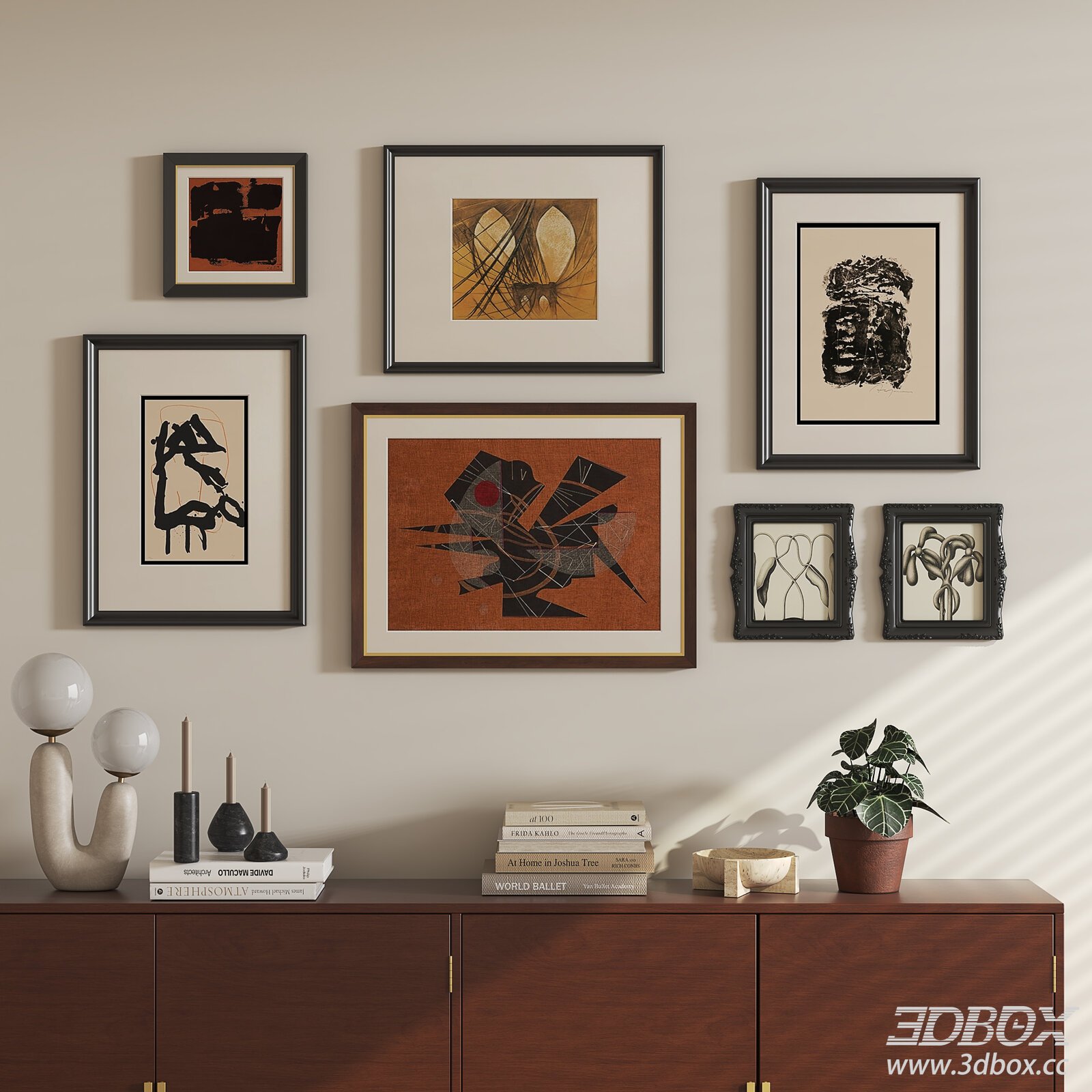 Mid Century Abstract Wall Art Frame Set 3D model - thumbnail 1