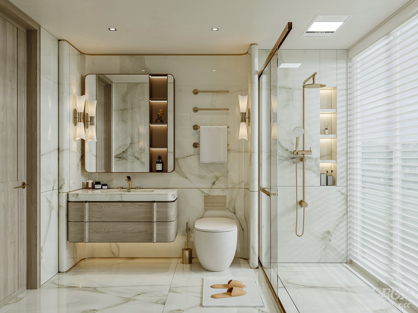 Luxury Light Modern Marble Bathroom Scene 3D model - front view