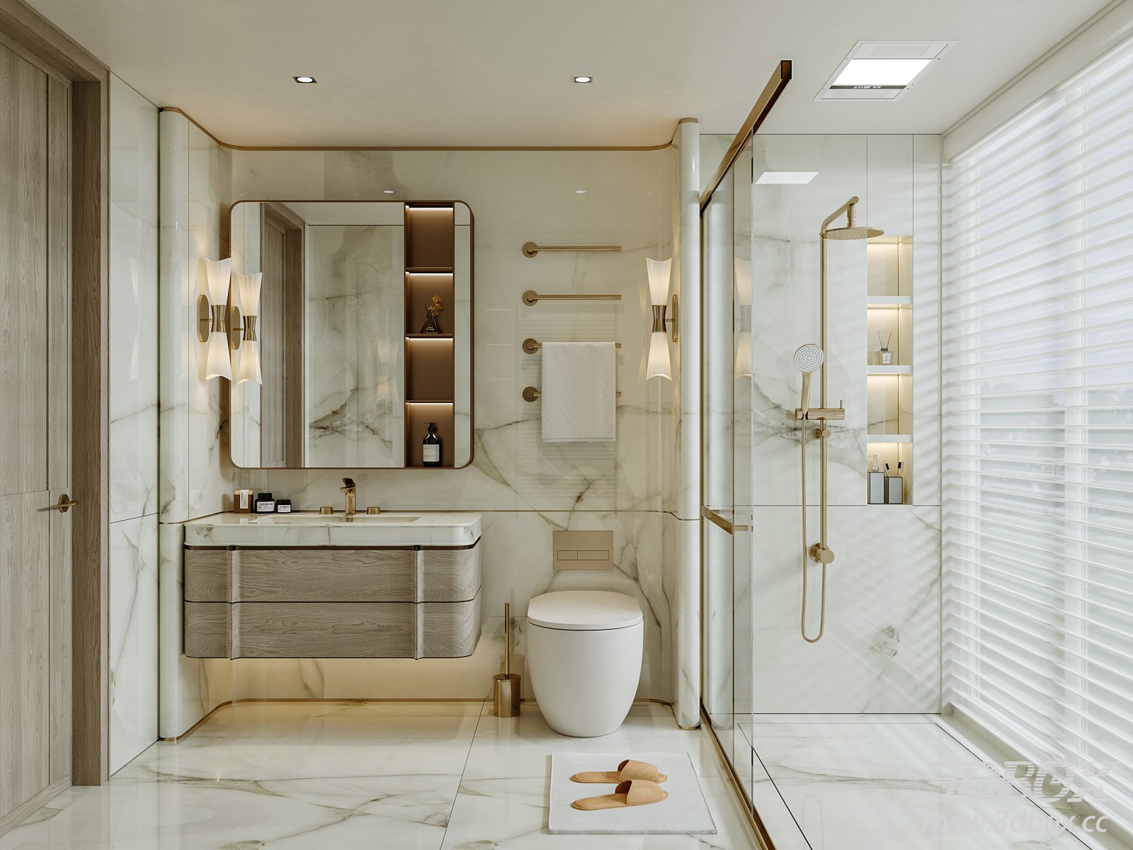 Luxury Light Modern Marble Bathroom Scene 3D model - thumbnail 1