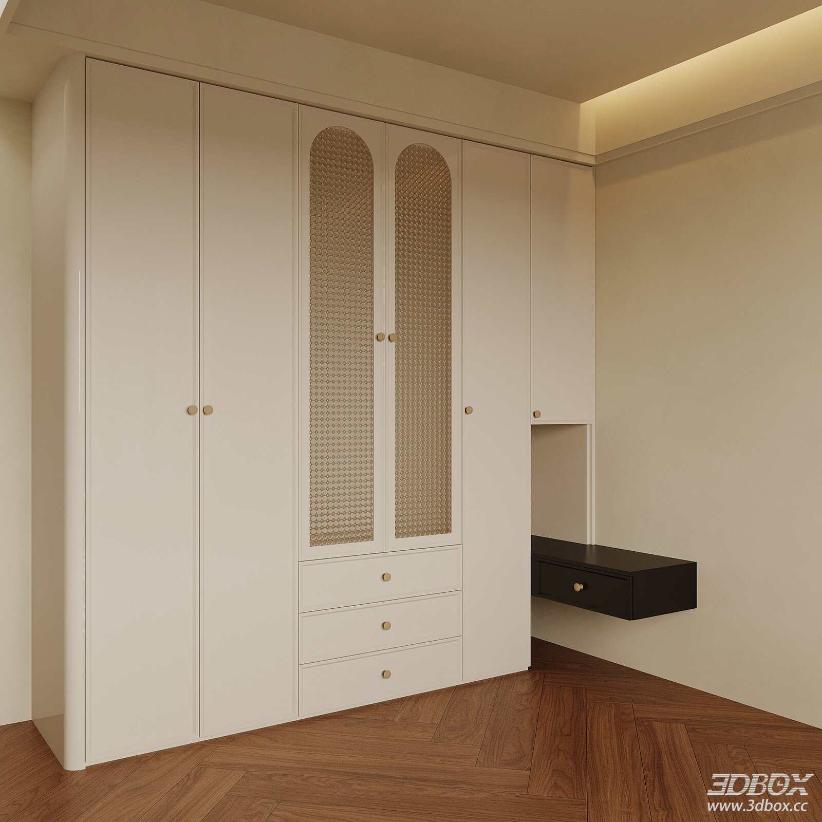 French Style White Wardrobe with Glass Doors 3D model - front view