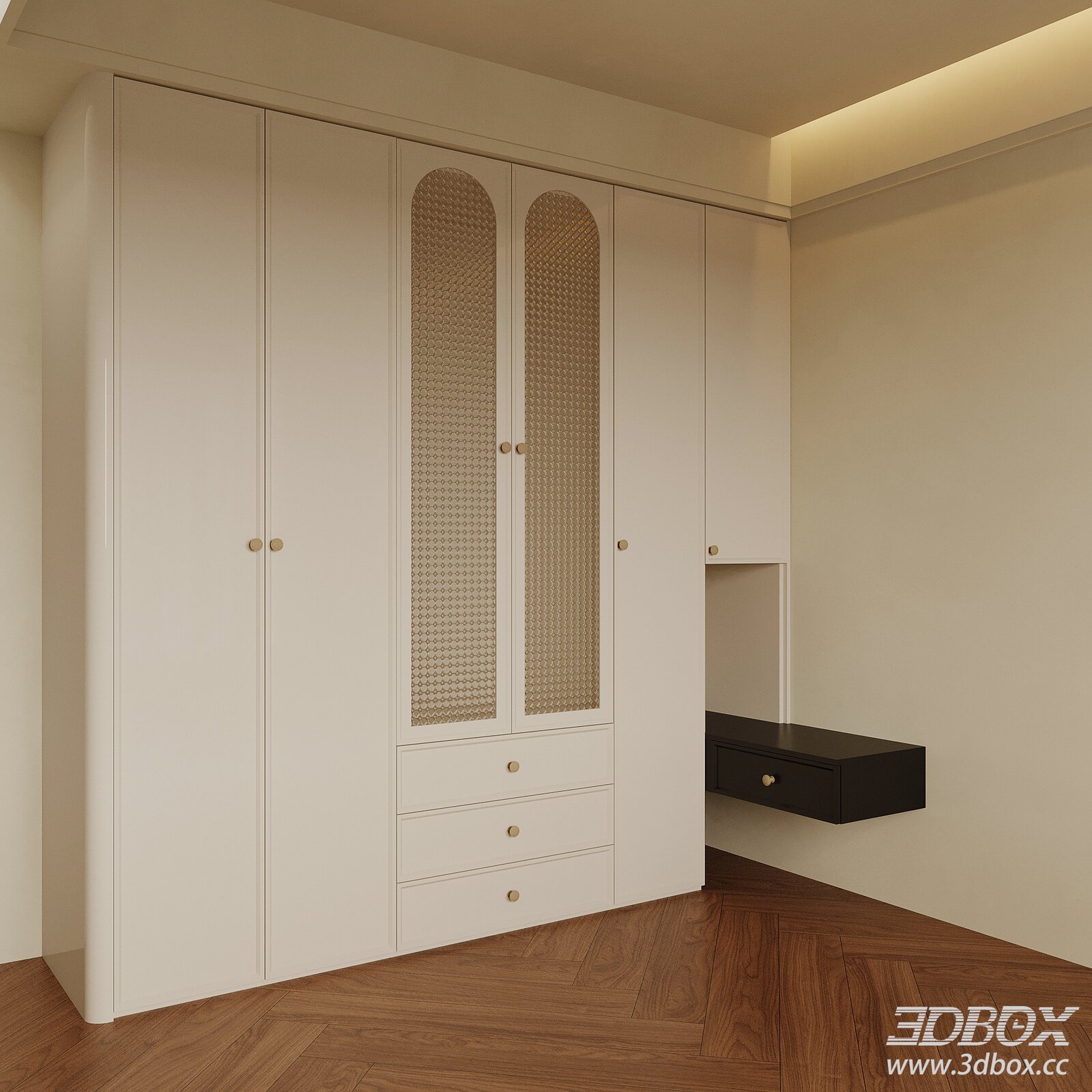 French Style White Wardrobe with Glass Doors 3D model - thumbnail 1