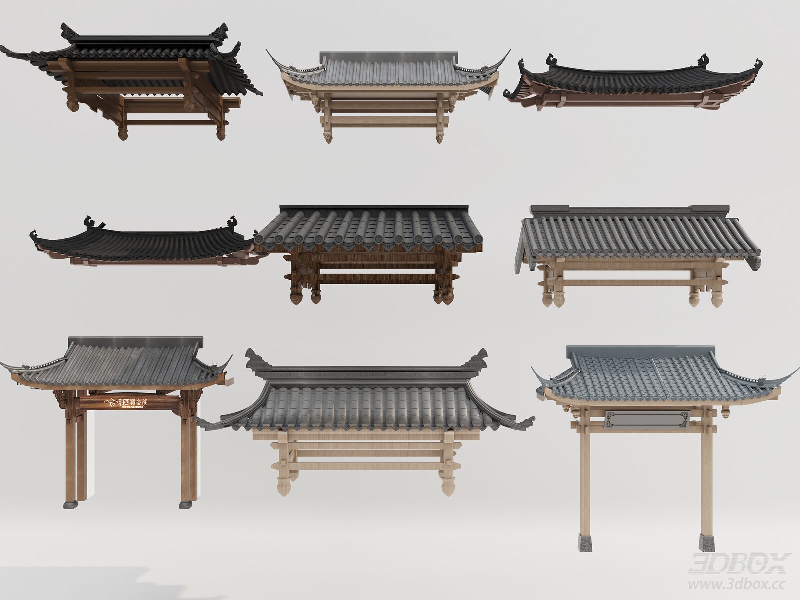 Traditional Chinese Roof Eave Facade Elements Set 3D model - front view
