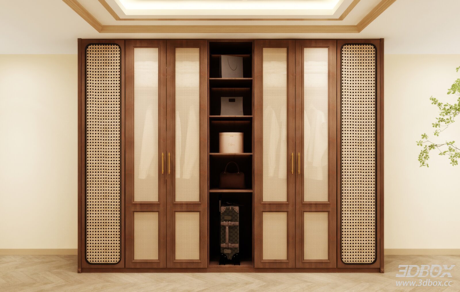 Rattan Design Wooden Wardrobe with Storage Compartments 3D model - front view