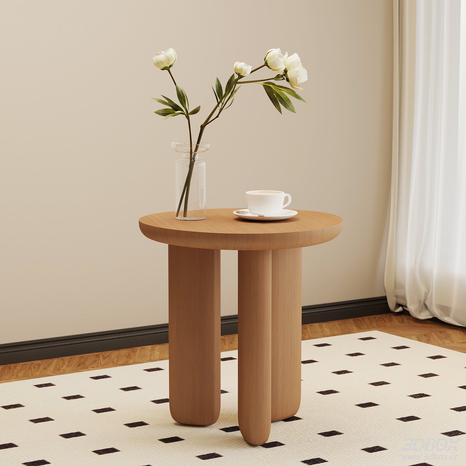 Modern Mid-century Cream Style Wooden Round Side Table 3D model - front view