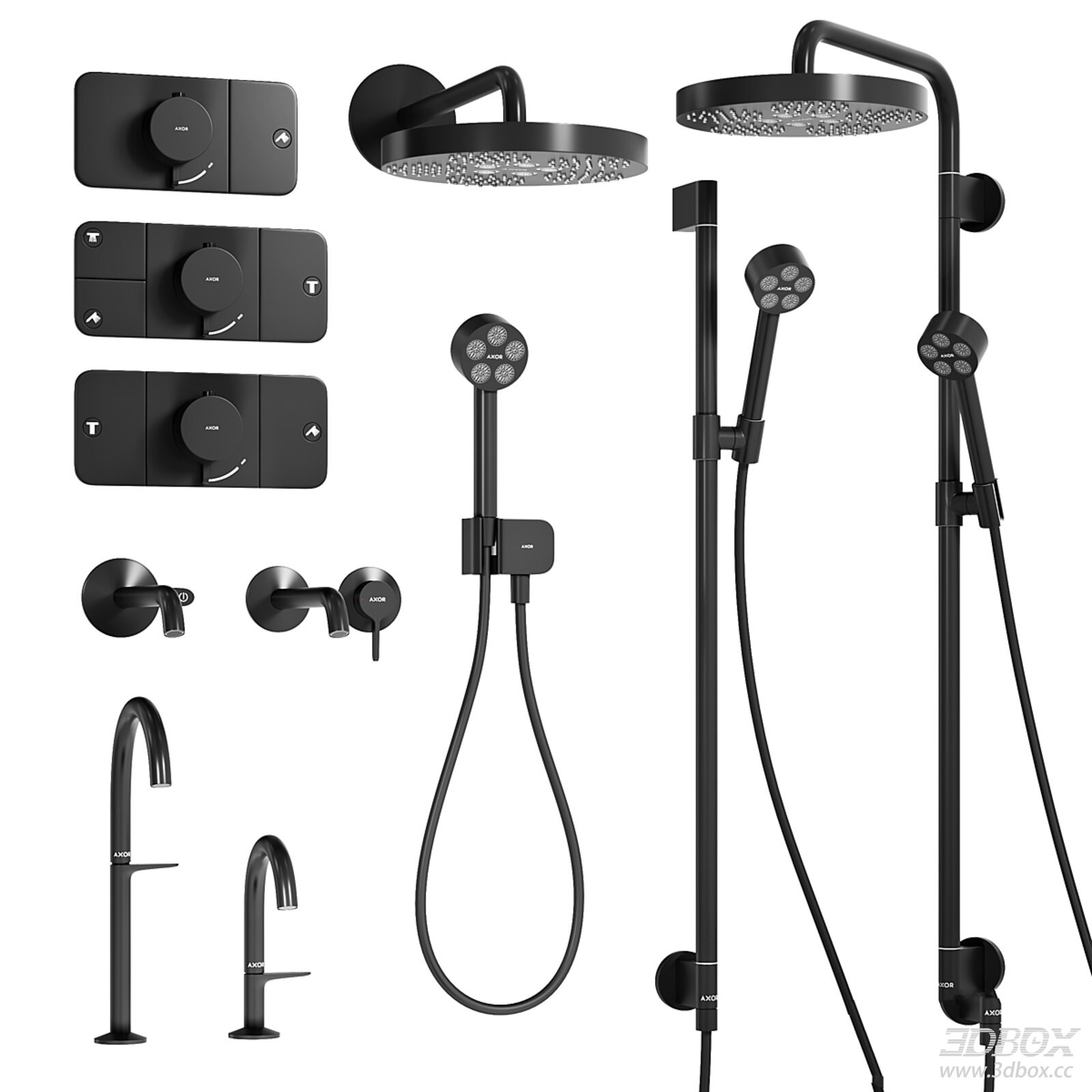 Axor One Matte Black Shower and Faucet Set 3D model - front view
