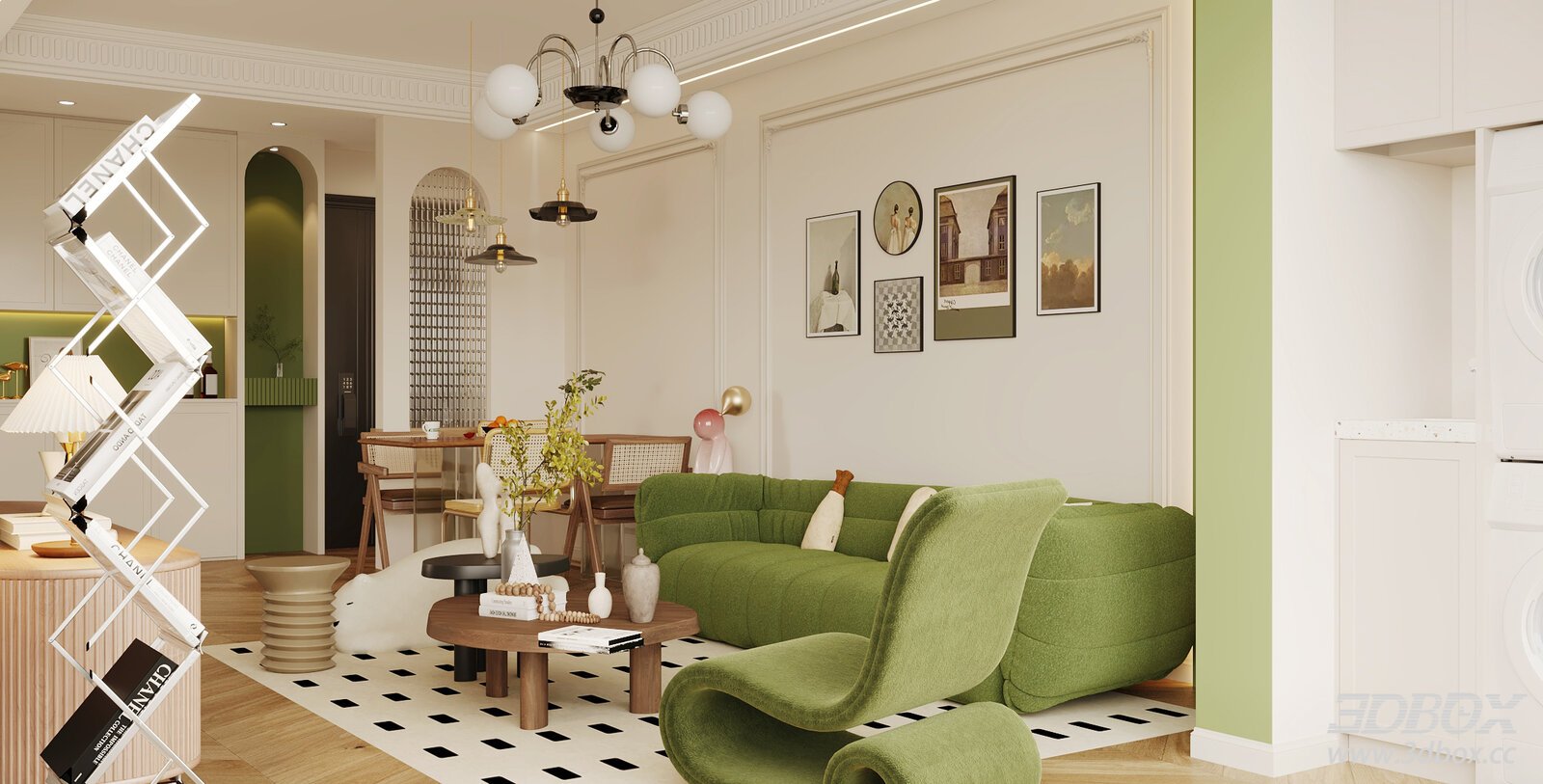 Modern Cream Style Small Apartment Living Room Interior 3D model - front view