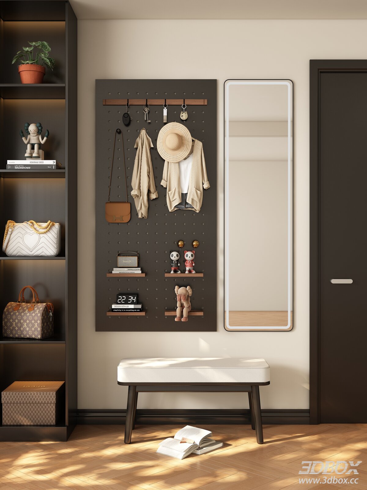 Mid-century modern hallway entryway with pegboard and full mirror 3D model - front view