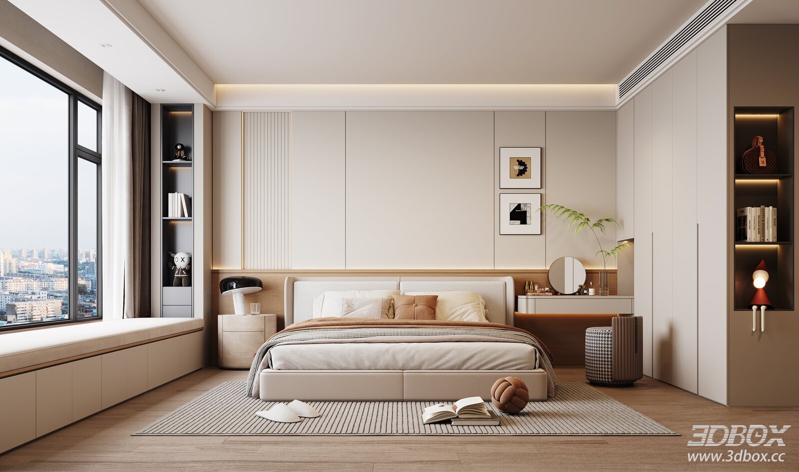 Modern Luxury Minimalist Bedroom Interior Scene 3D model - front view