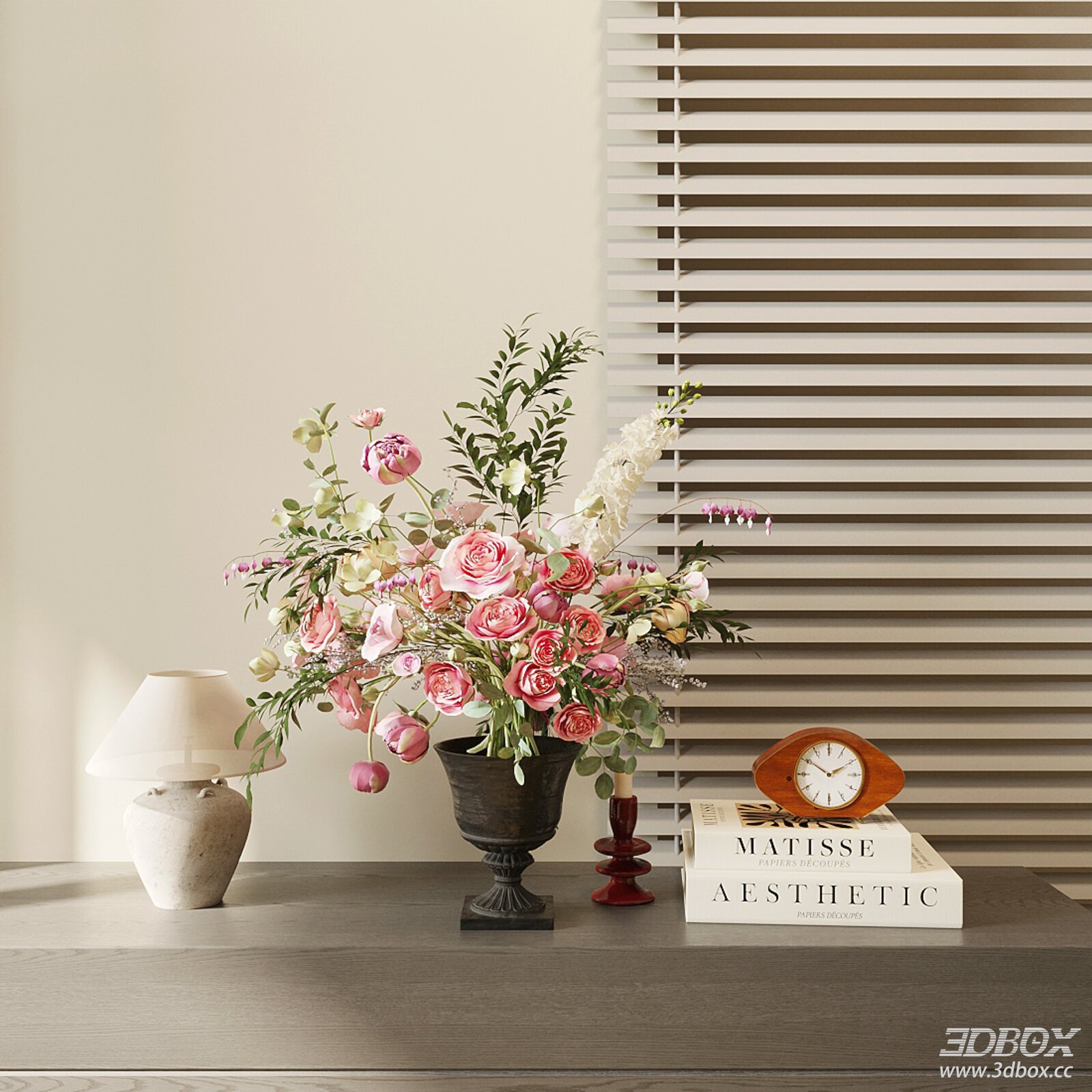 Decorative Set with Flower Bouquet Vase Table Lamp Books Clock 3D model - front view