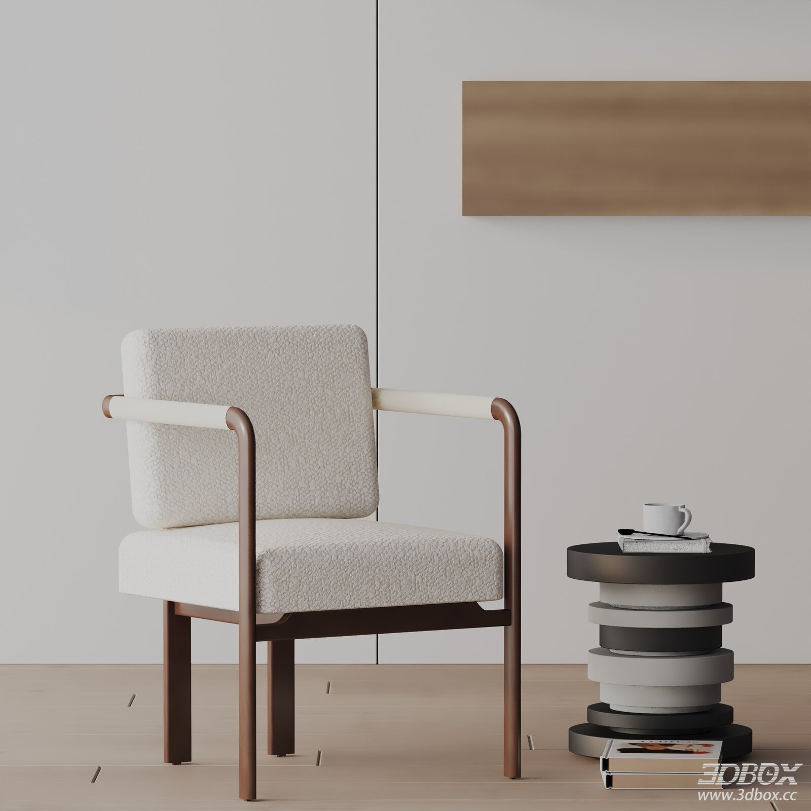 Modern Fabric Upholstered Wooden Dining Armchair 3D model - front view