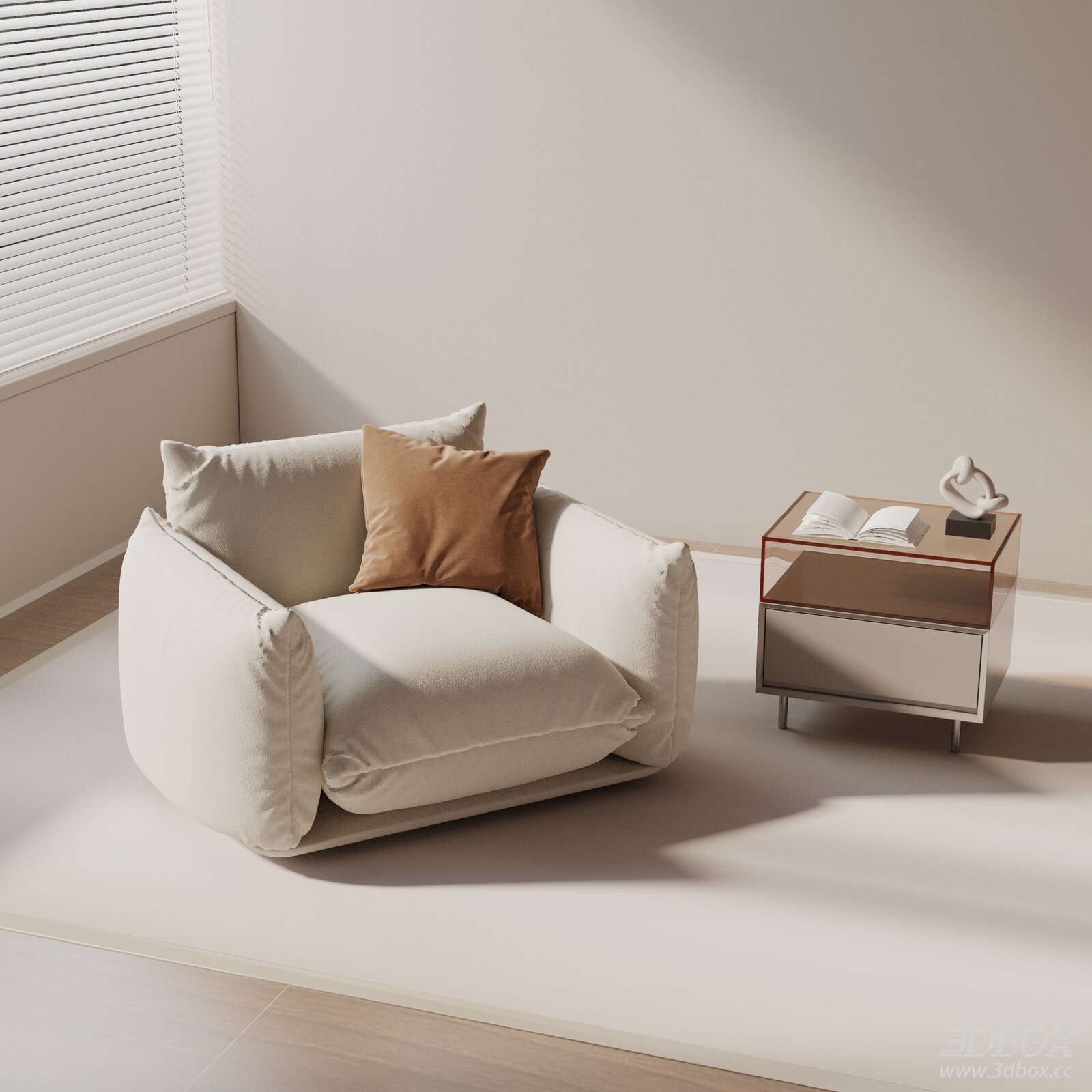 Modern Fabric Upholstered Armchair with Side Table 3D model - front view