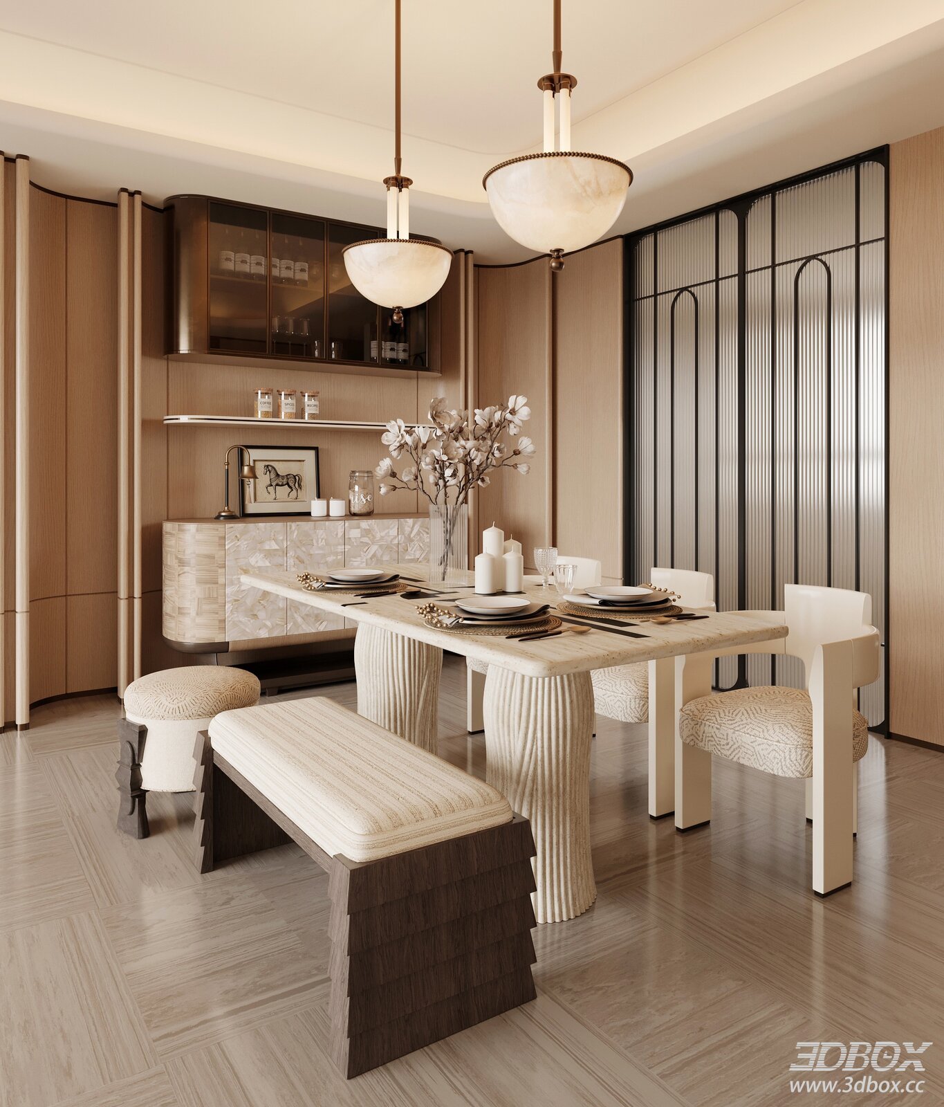 Modern Luxury Style Dining Room Interior Scene 3D model - front view