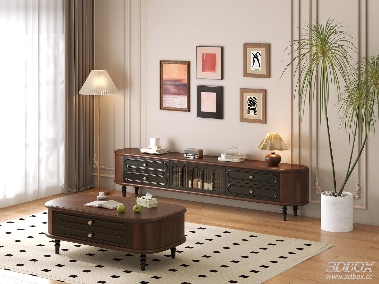 Mid-century modern living room with coffee table and TV cabinet 3D model - front view