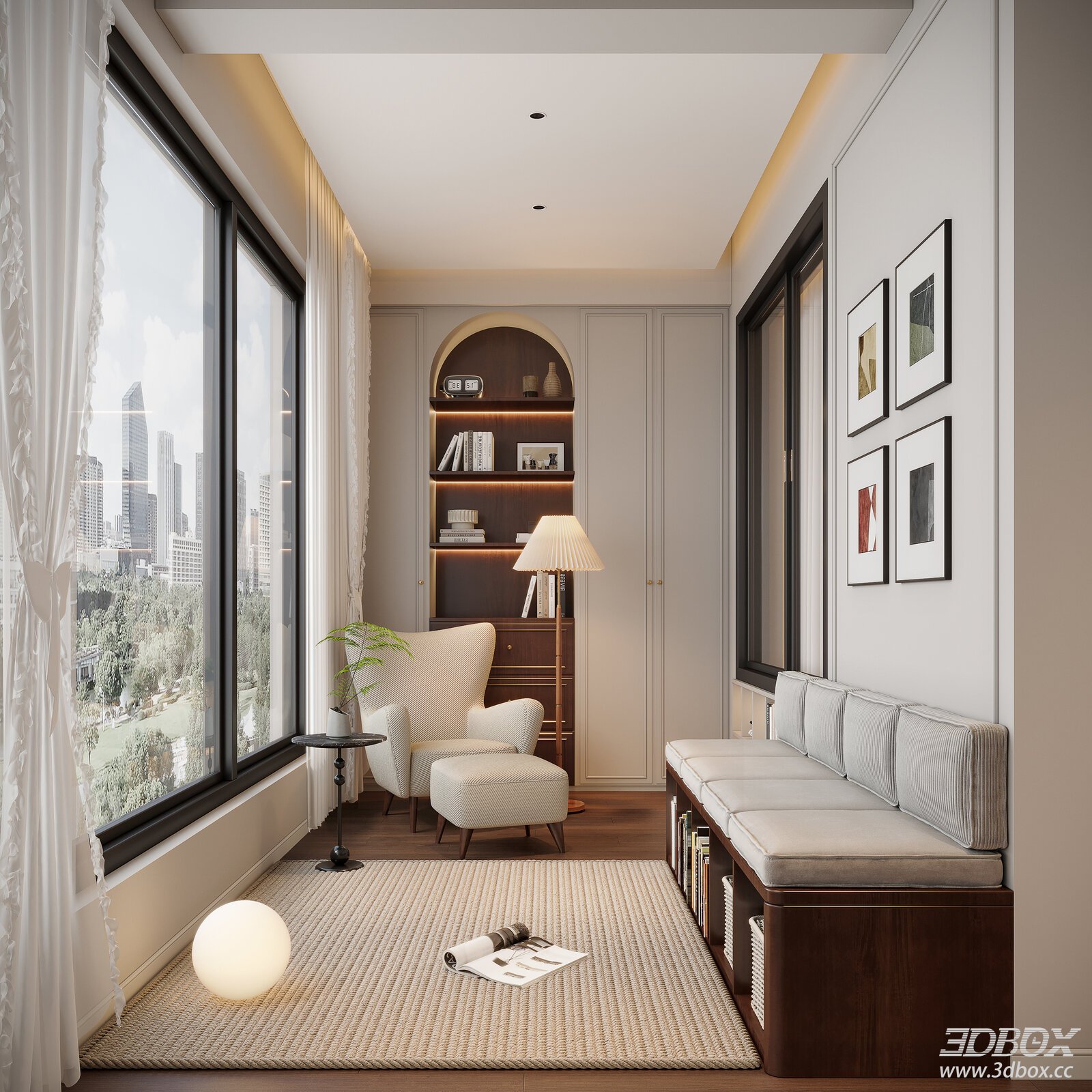 French Vintage Leisure Balcony Interior Scene 3D model - front view