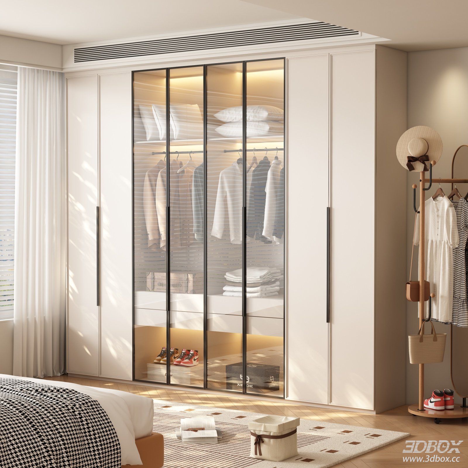 Modern Cream Style Glass Door Wardrobe for Bedroom 3D model - front view
