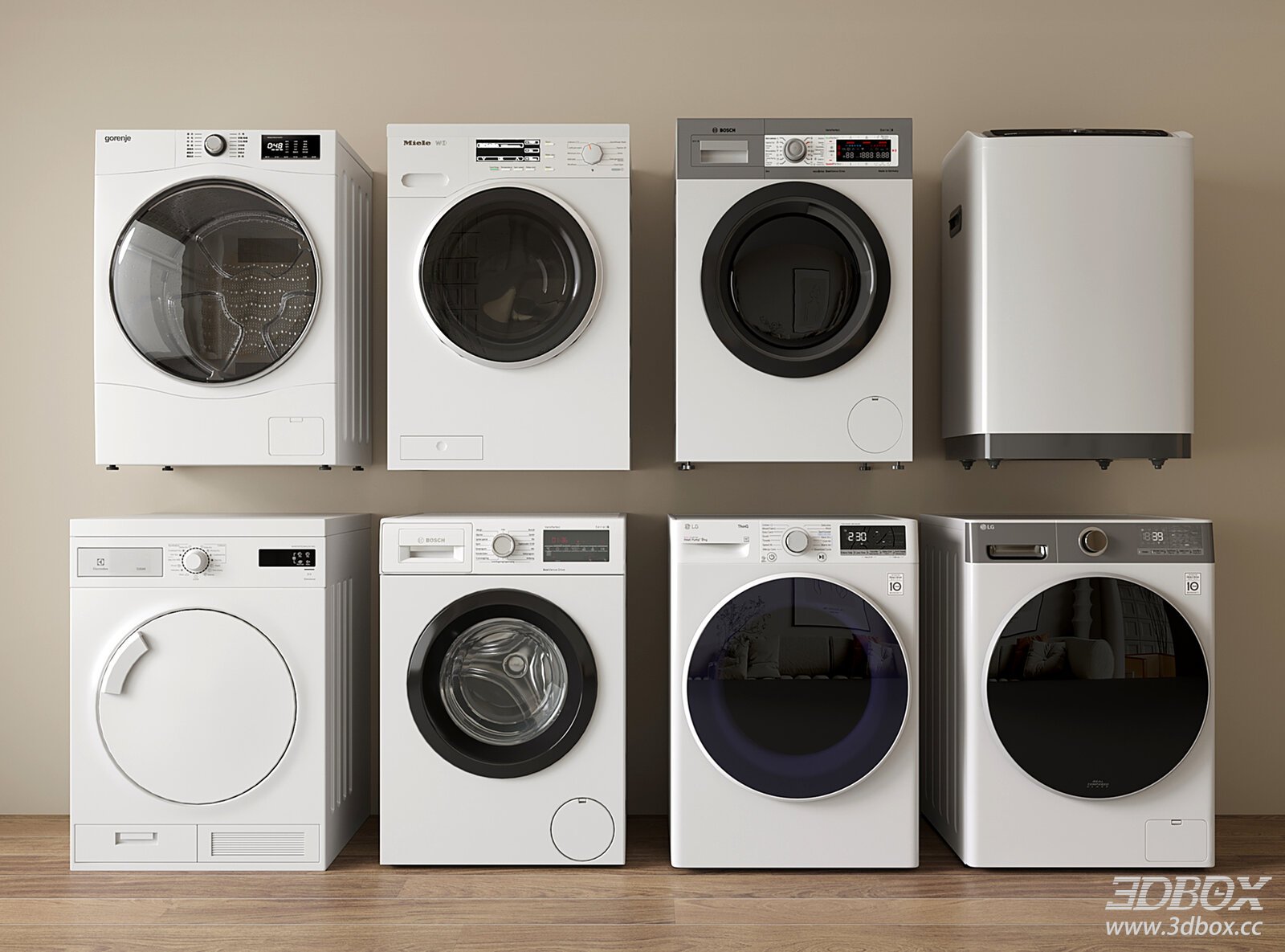 Modern Automatic Washing Machine Set, Front & Top Load Washers 3D model - front view