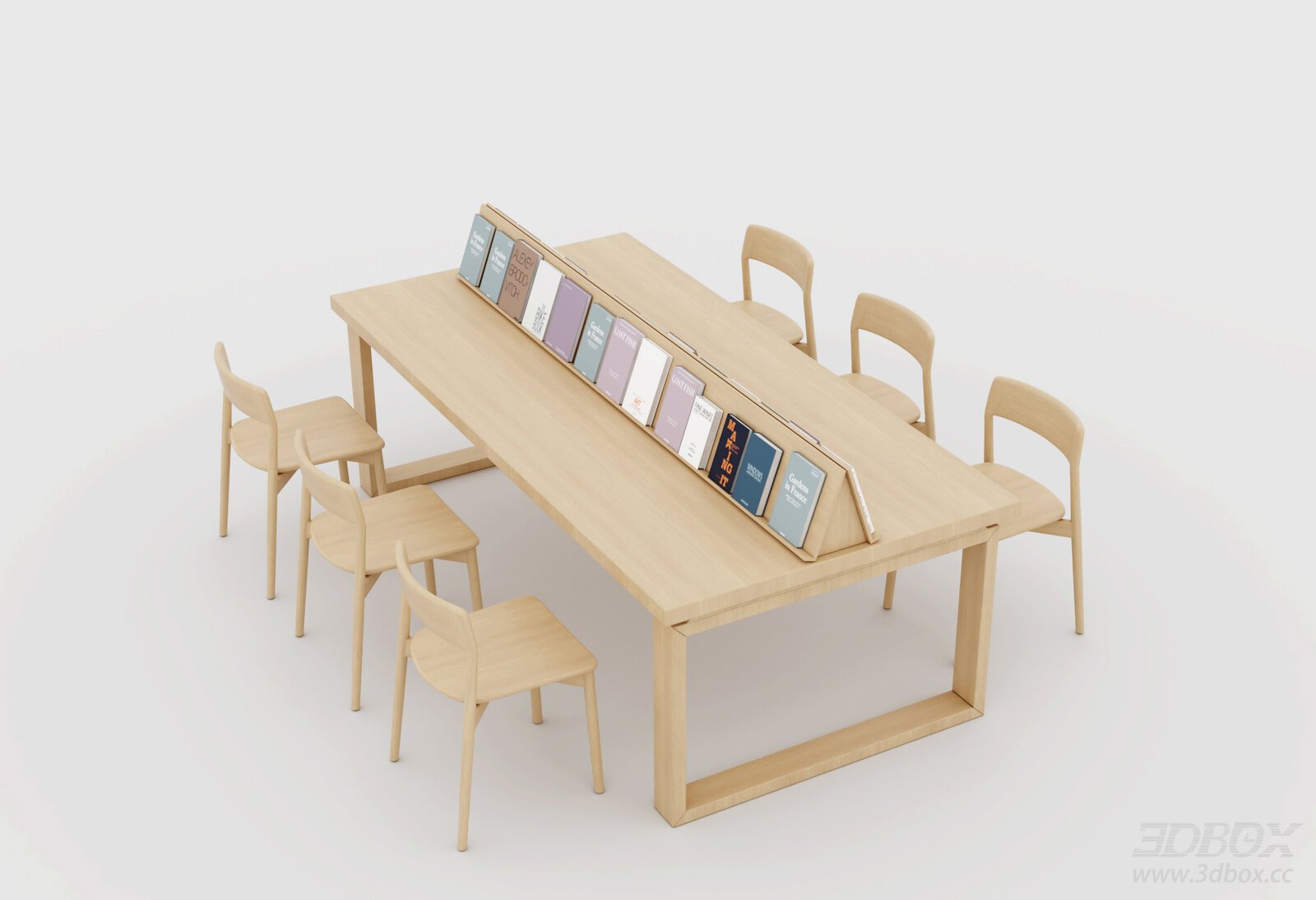 Wooden Student Reading Table and Chair Set with Book Divider 3D model - front view