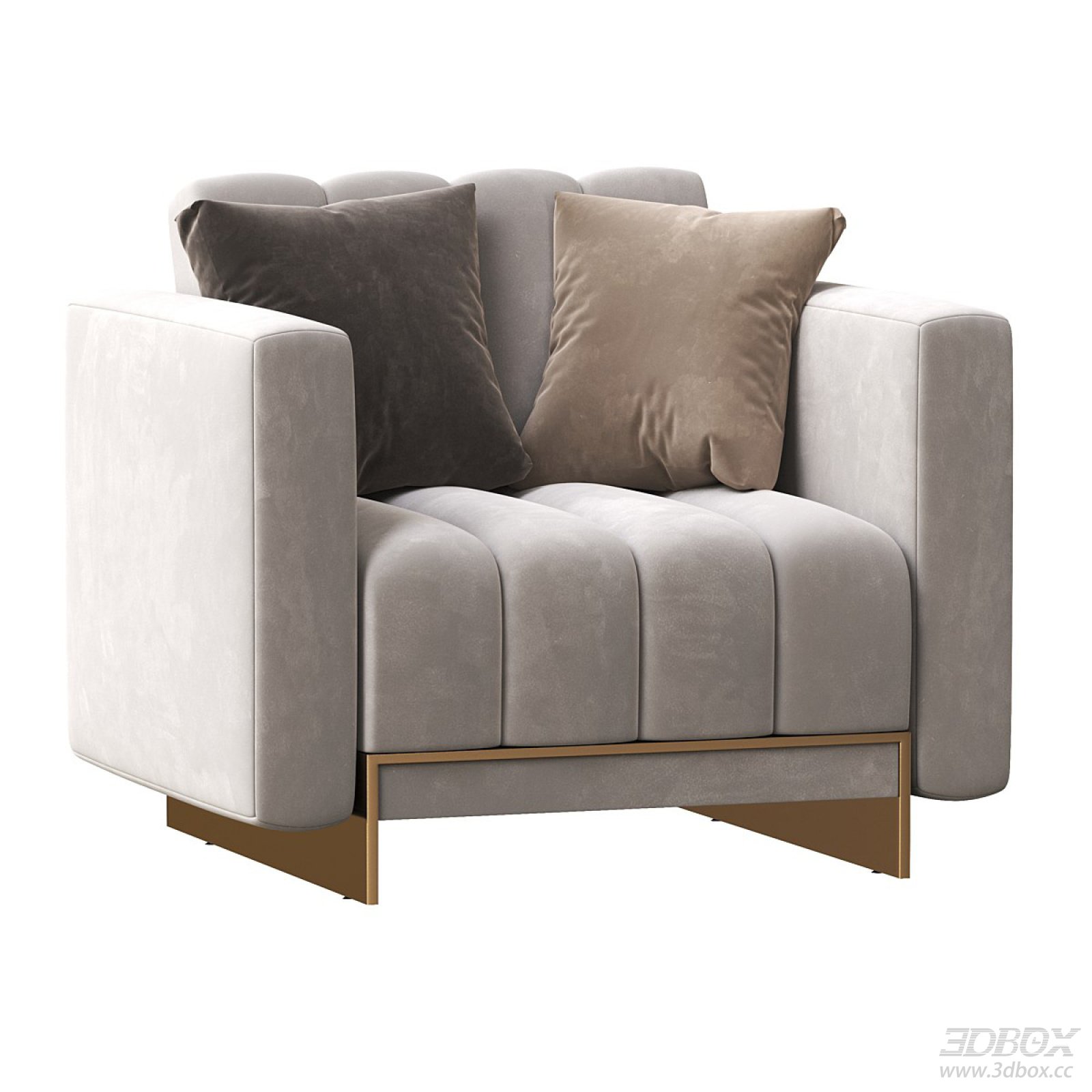 Modern Luxury Velvet Single Armchair with Brass Base 3D model - front view
