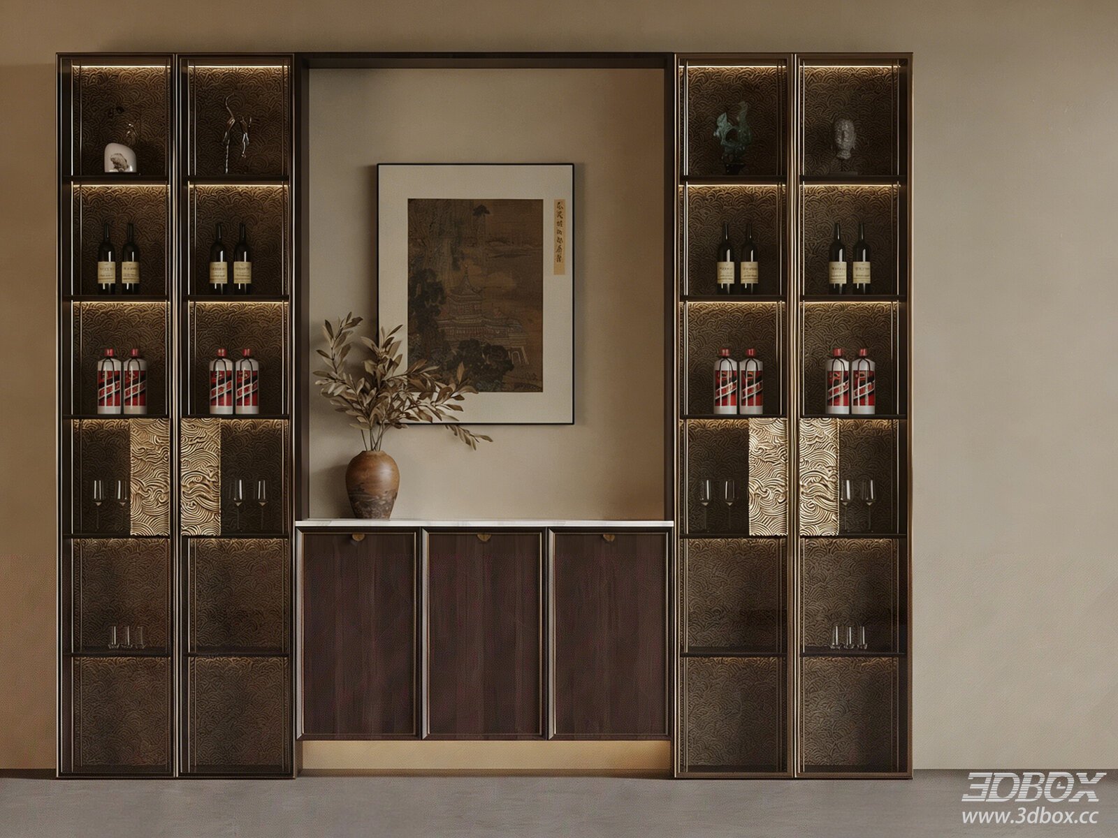 New Chinese Style Wine Cabinet Sideboard Display Unit 3D model - front view