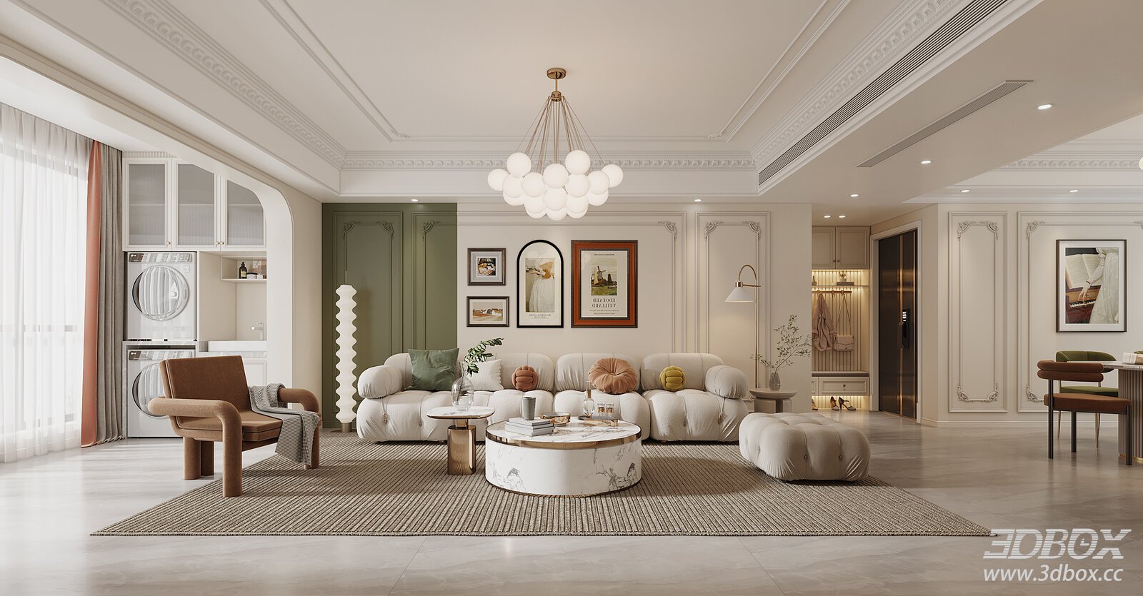 French Cream Style Living and Dining Room Interior Scene 3D model - front view