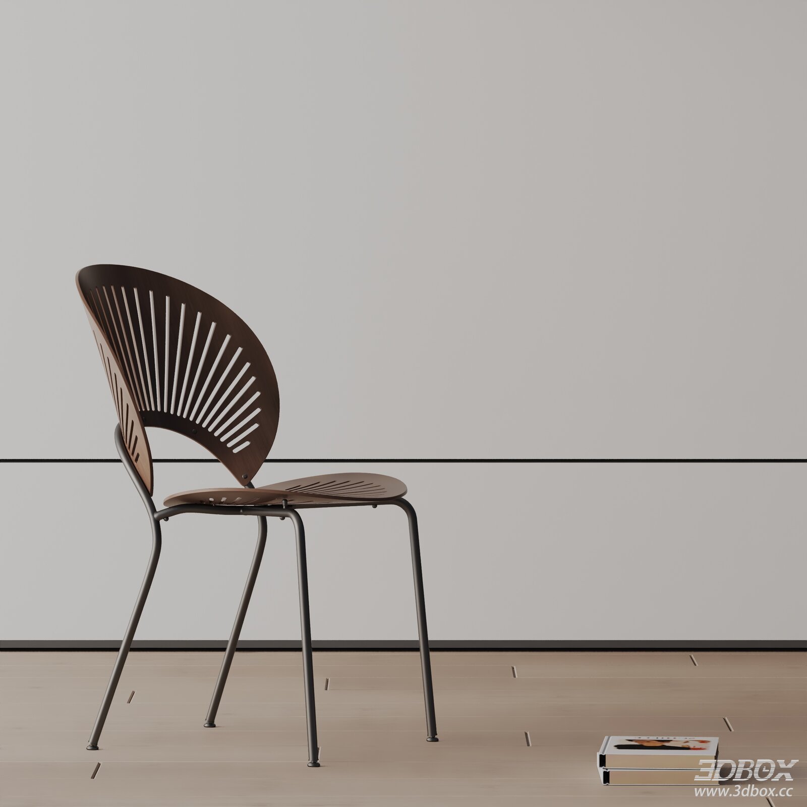 Modern Slatted Back Wooden Dining Chair with Metal Legs 3D model - front view