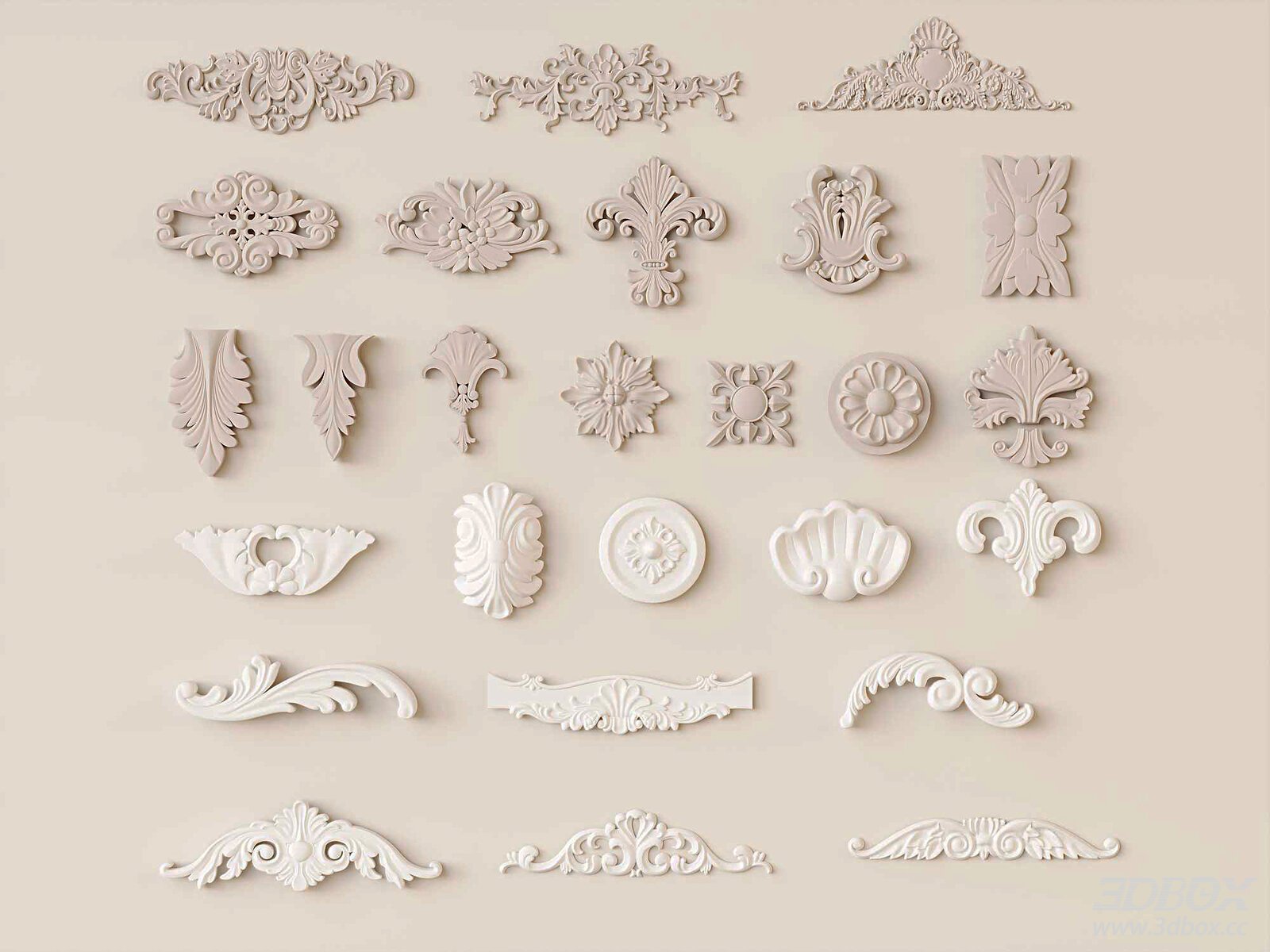French Style Carved Gypsum Relief Decorative Plaster Set 3D model - front view