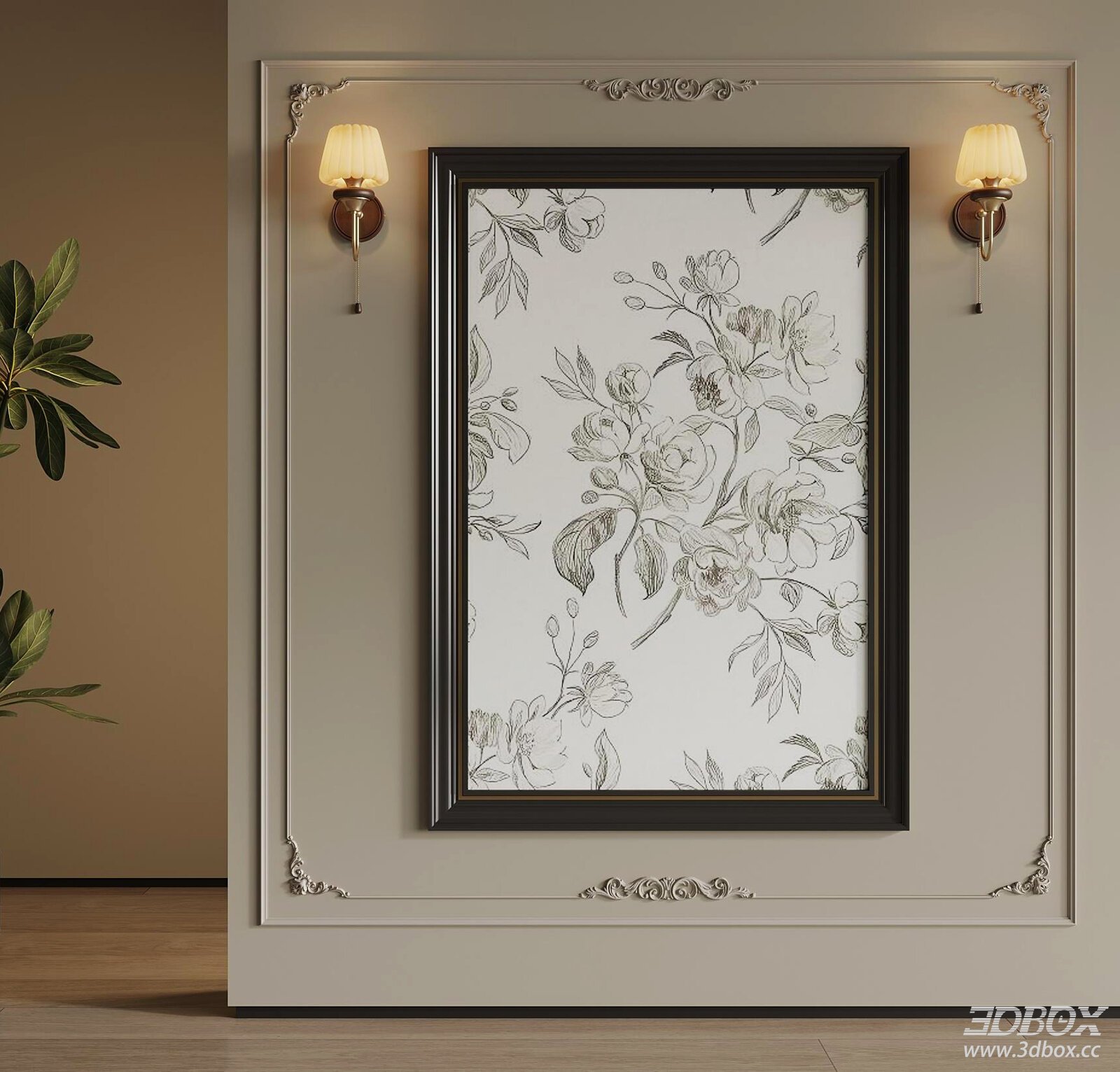 Vintage Floral Sketch Decorative Painting with Wall Sconces 3D model - front view