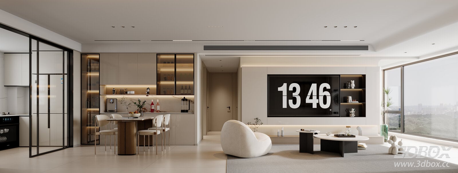 Modern Cream Style Living and Dining Room Interior 3D model - front view