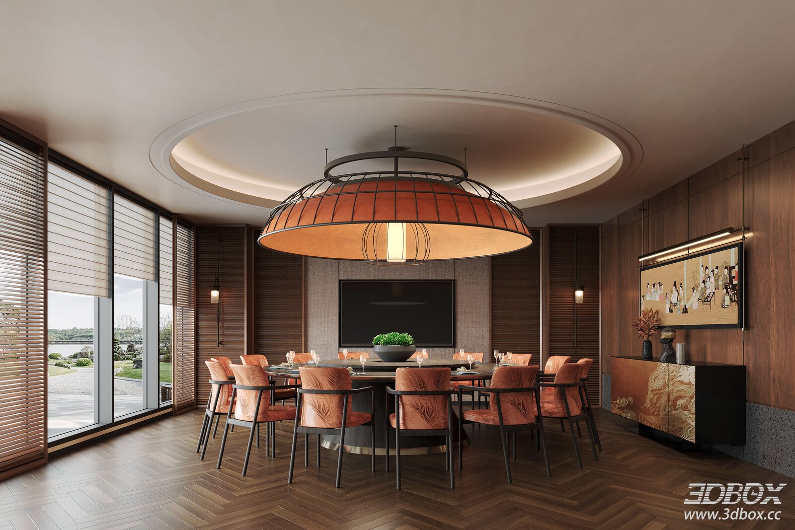 Modern Chinese Style Restaurant Private Dining Room 3D model - front view