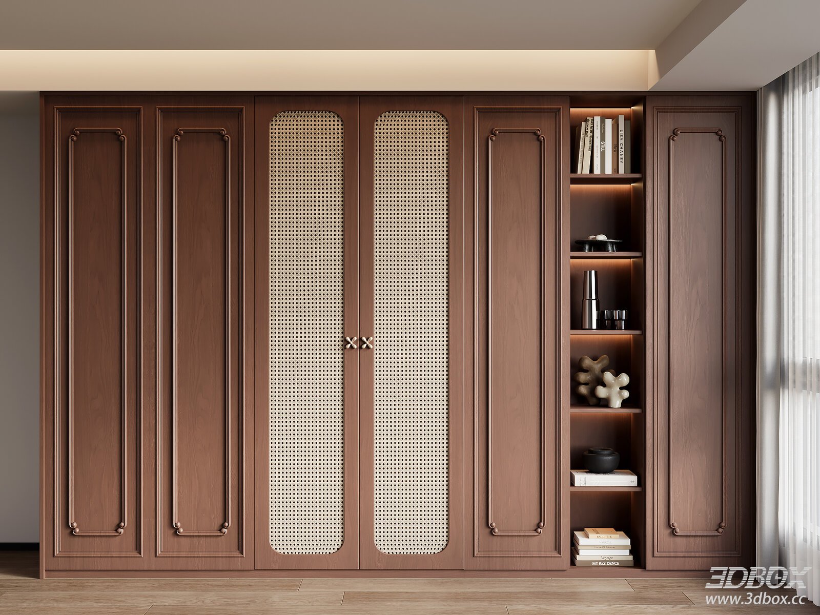 Mid Century Modern Wooden Rattan Wardrobe with Display Shelves 3D model - front view