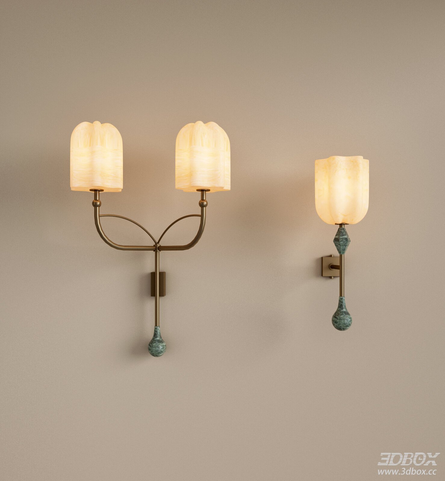 Modern Luxury Marble Shade Brass Wall Light Set 3D model - front view