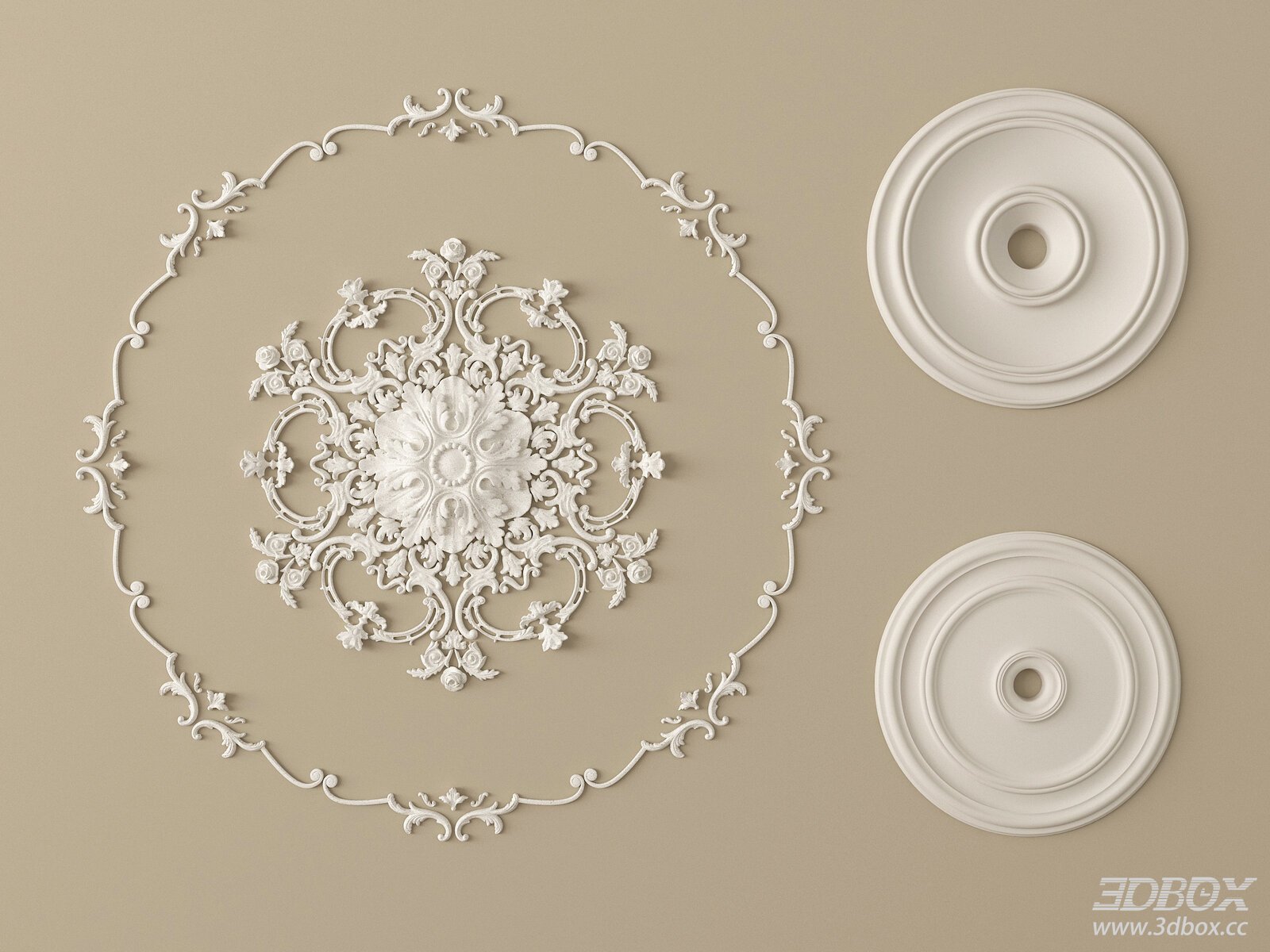 Classic Decorative Plaster Ceiling Rosette Set 3D model - front view