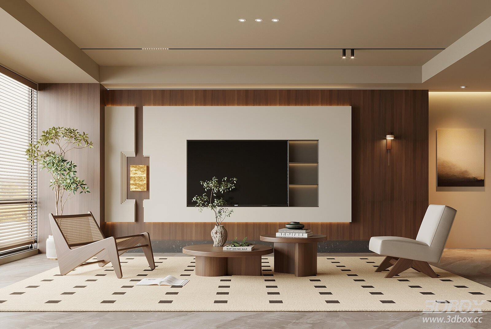 Mid Century Modern Wabi Sabi Living Room with TV Wall and Seating Set 3D model - front view