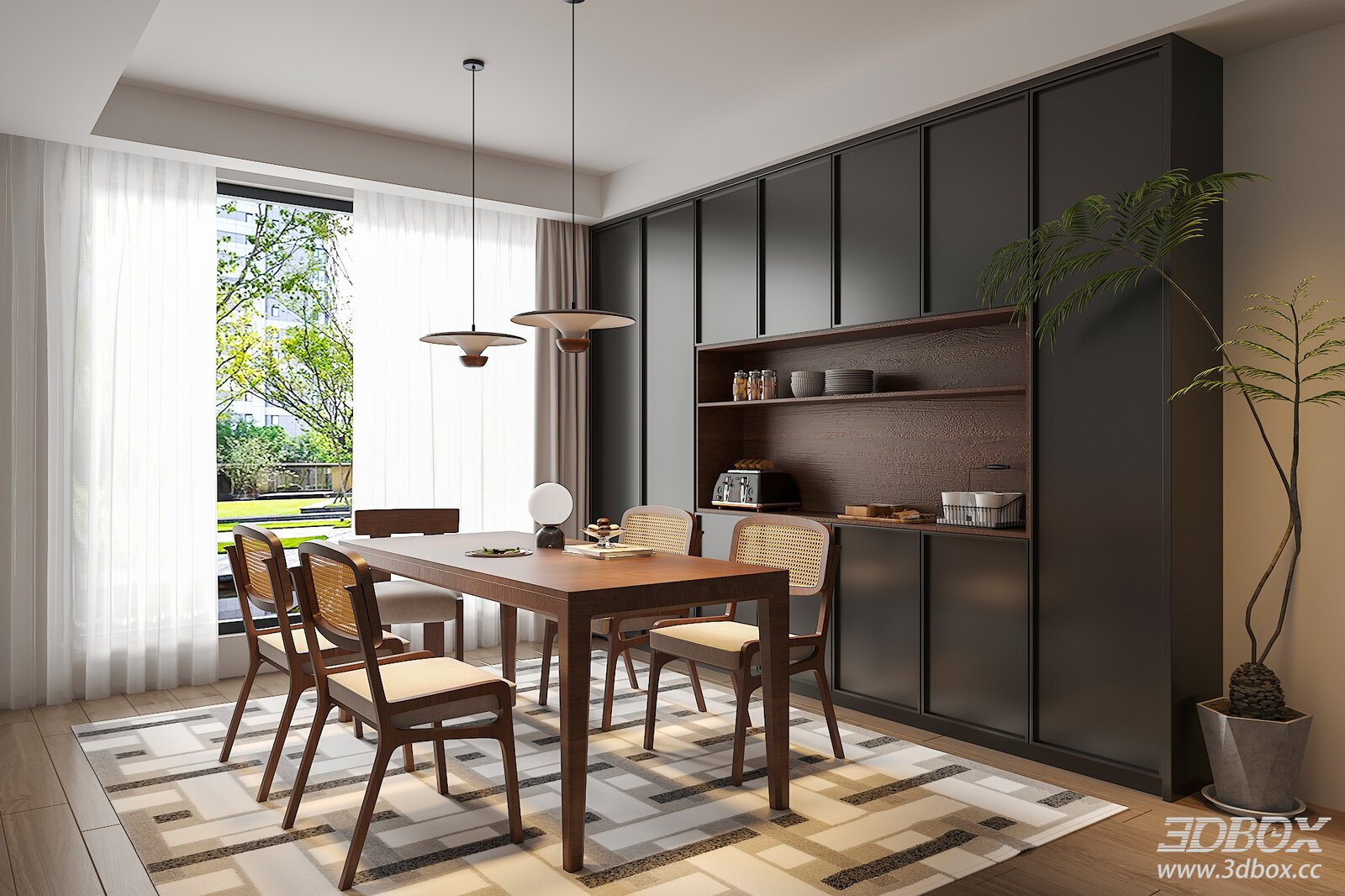 Wabi Sabi Style Modern Dining Room with Table Chairs Sideboard 3D model - front view