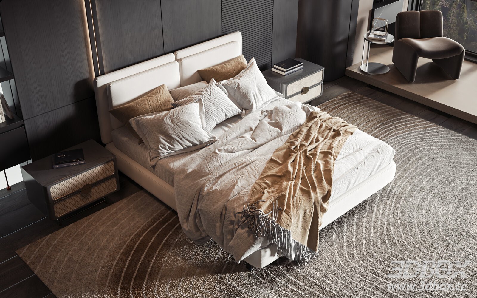 Modern Luxury Double Bedroom Interior Scene 3D model - thumbnail 1