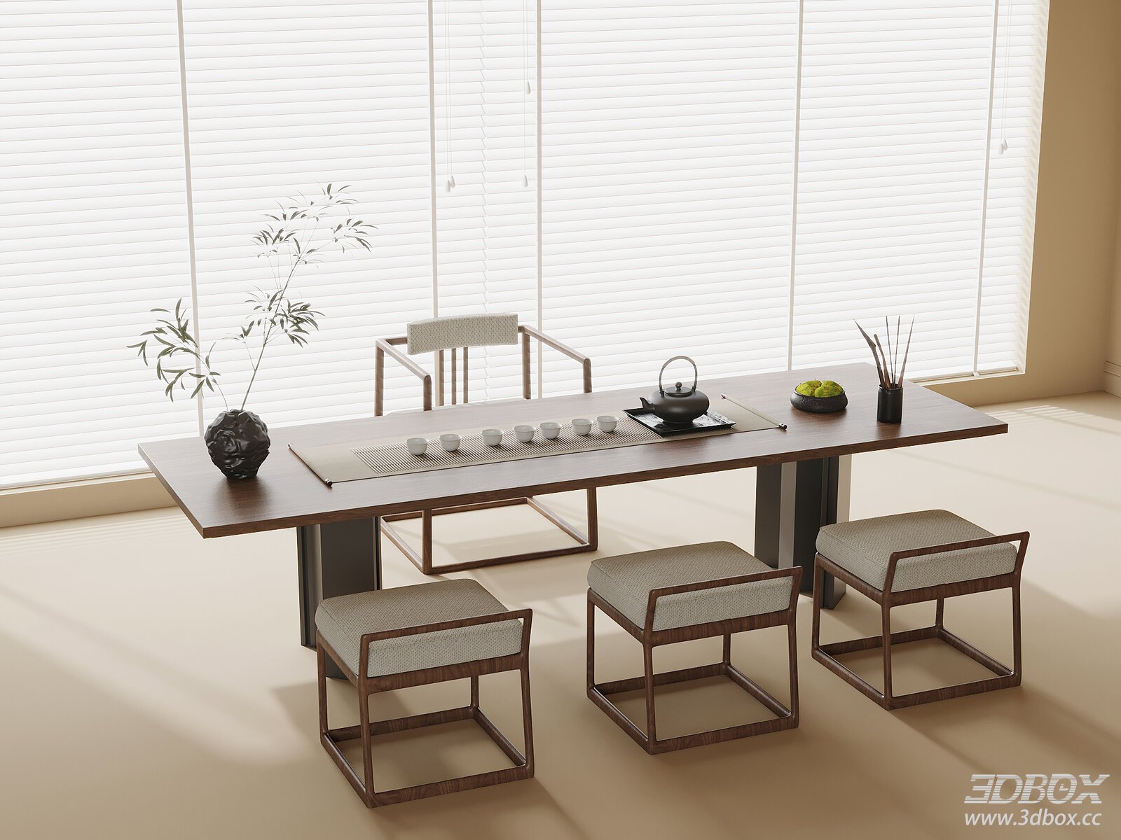 New Chinese Style Tea Table Set with Chairs 3D model - front view
