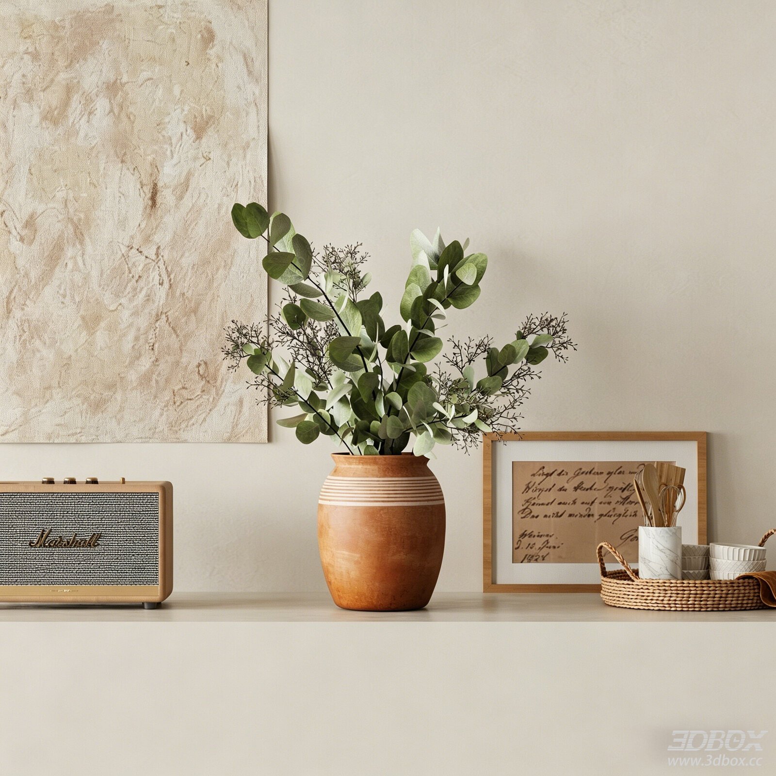 Cream Style Decorative Set with Eucalyptus Plant and Vase 3D model - front view
