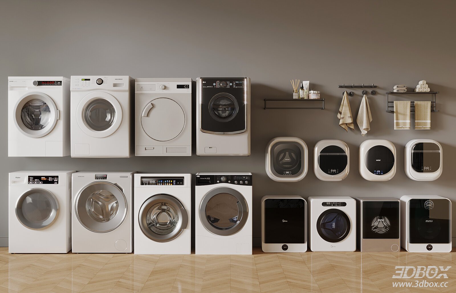 Modern Washing Machines Collection Household Appliance Set 3D model - front view