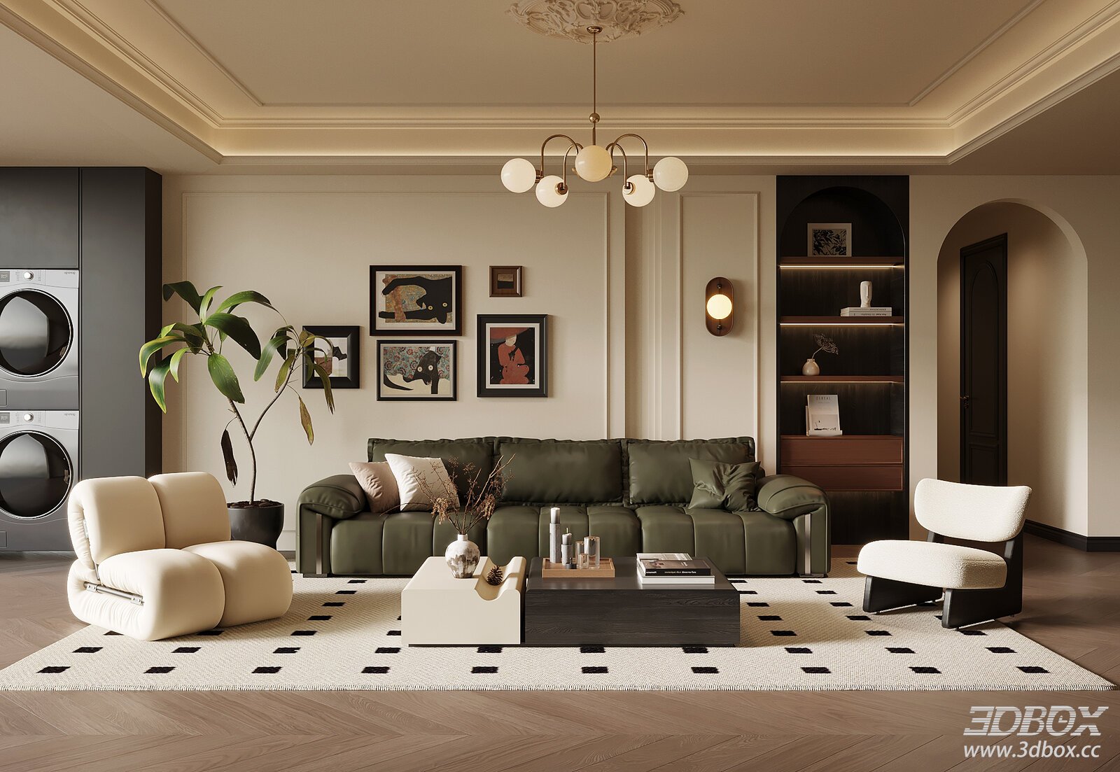 French Retro Style Luxury Living Room Interior Scene 3D model - front view